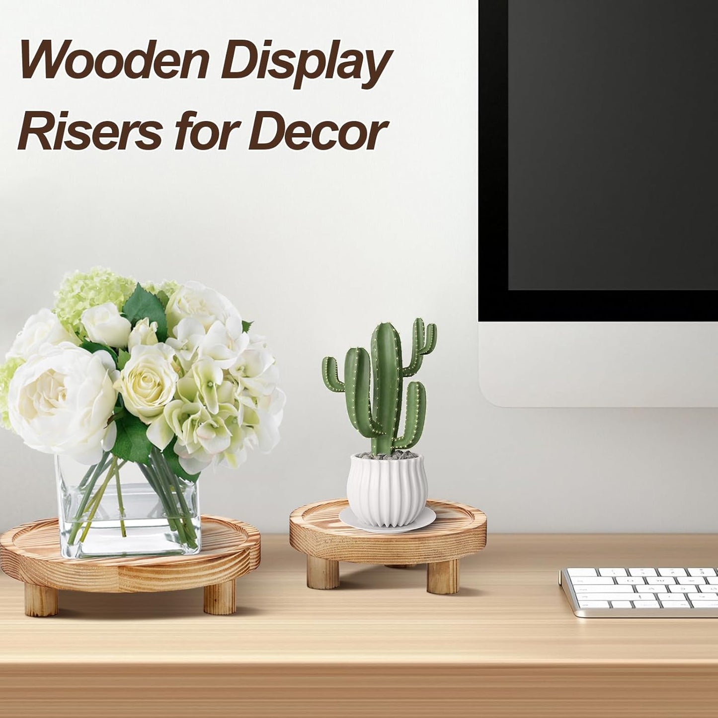 3 Pcs Wooden Risers for Display, Round Wood Riser Plant Stand 5/6/8" Pedestal Stand, Flower Pot Holder Small Planter Tray for Kitchen Home Décor (Light Brown)