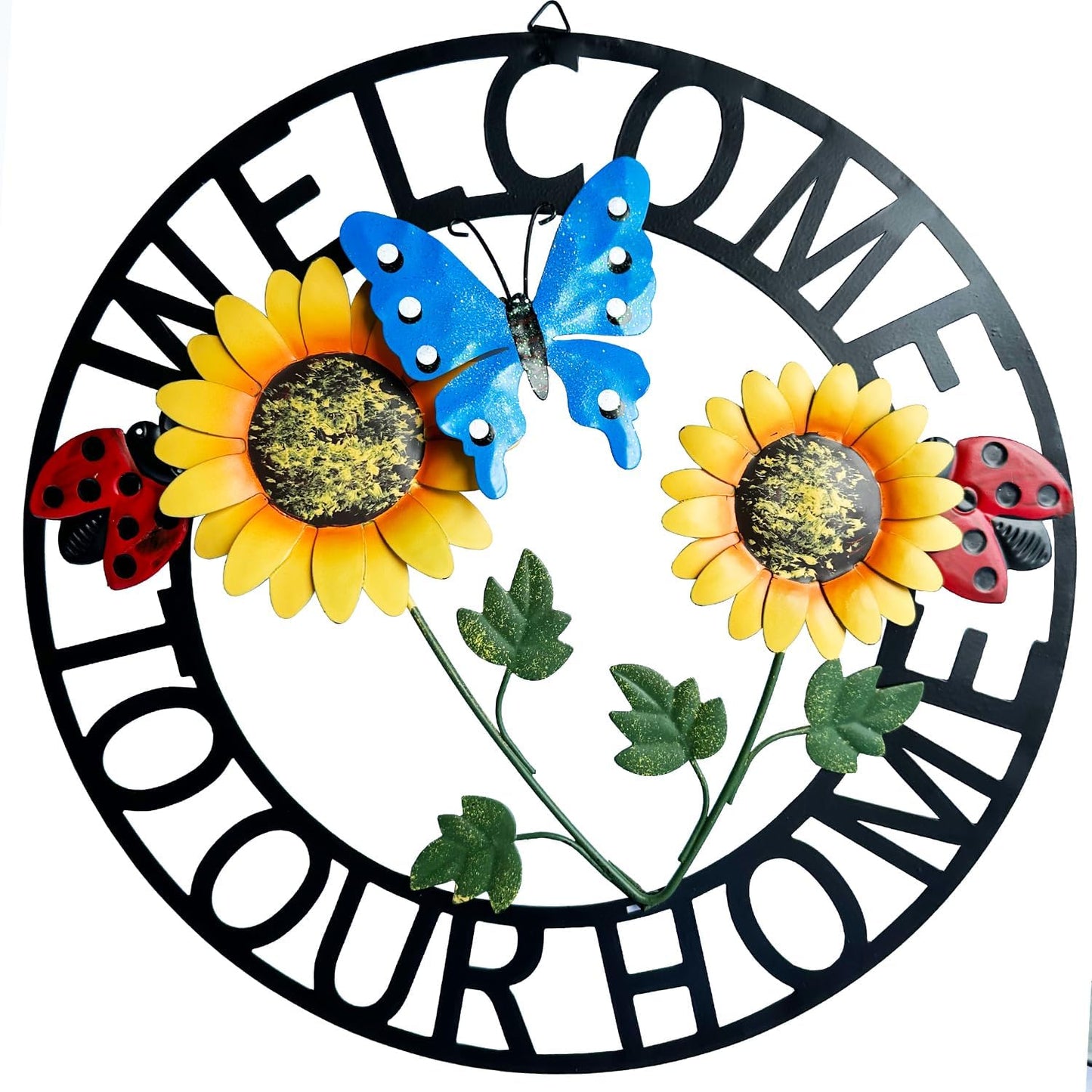 Hanging Sunflower and Butterfly Welcome Wreath, Outdoor Garden Ladybug