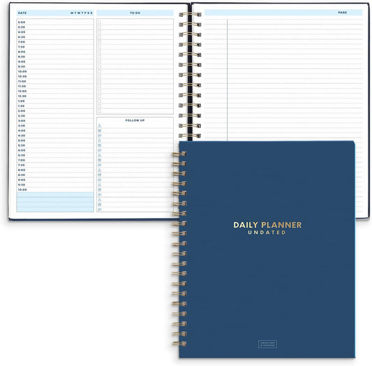 S&O Undated Daily Planner for Organization, Spiral Logbook with Hourly