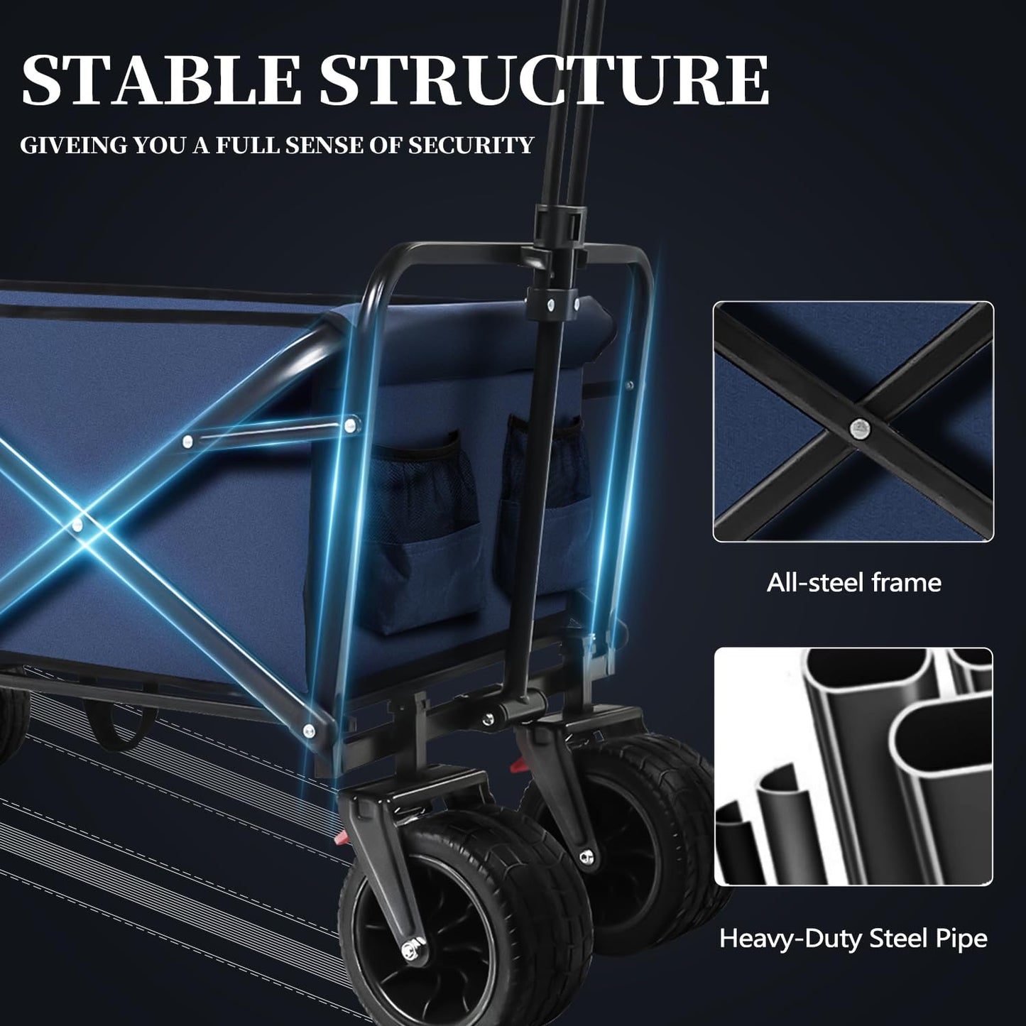 Collapsible Folding Wagon, Capacity 300lbs Heavy Duty Foldable Cart with Two Drink Holders, Portable Utility Grocery Wagon for Camping Shopping Sports, Blue