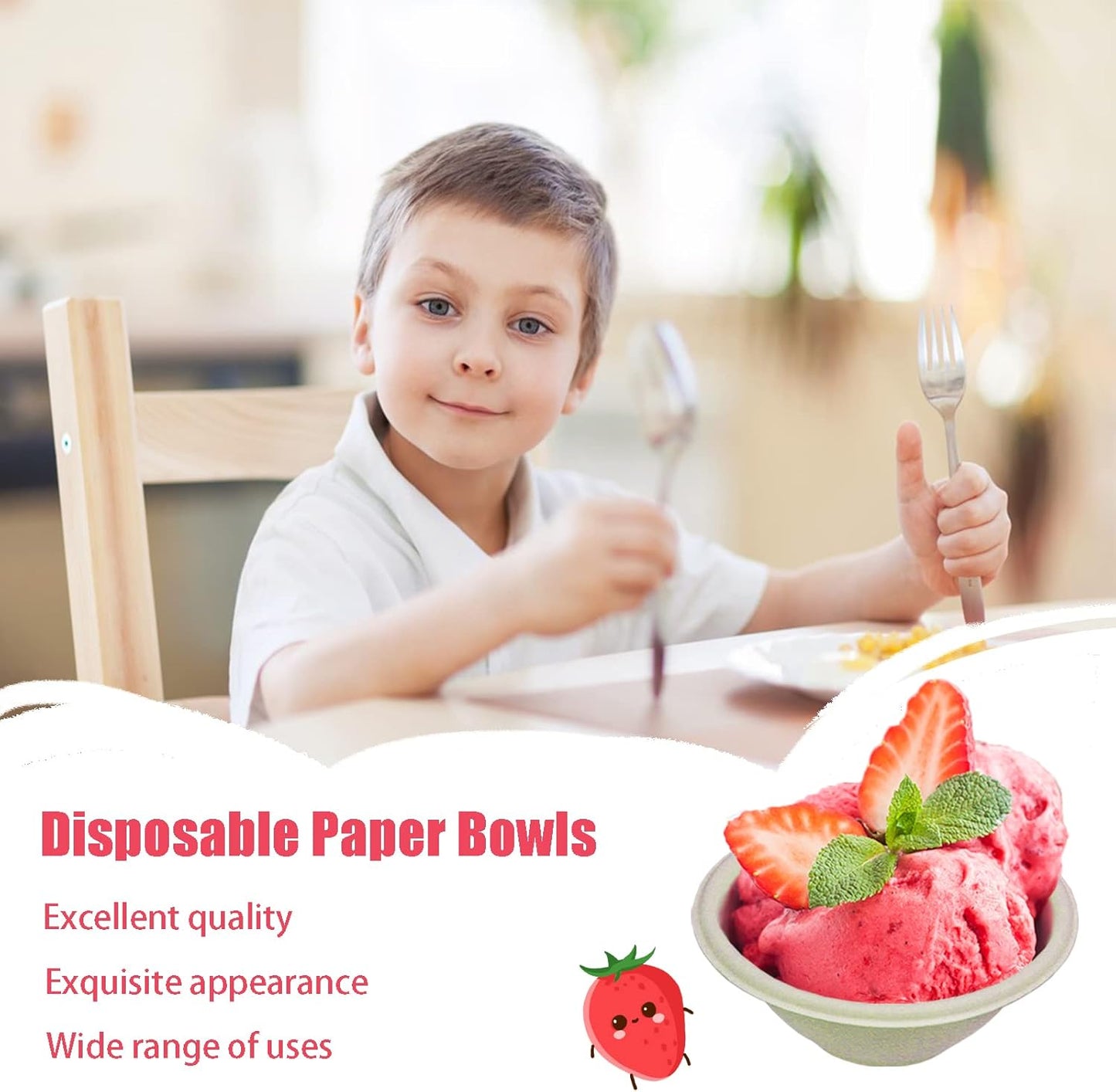 100 Pack 8oz Compostable Paper Bowls,Heavy-Duty Disposable Natural Bag