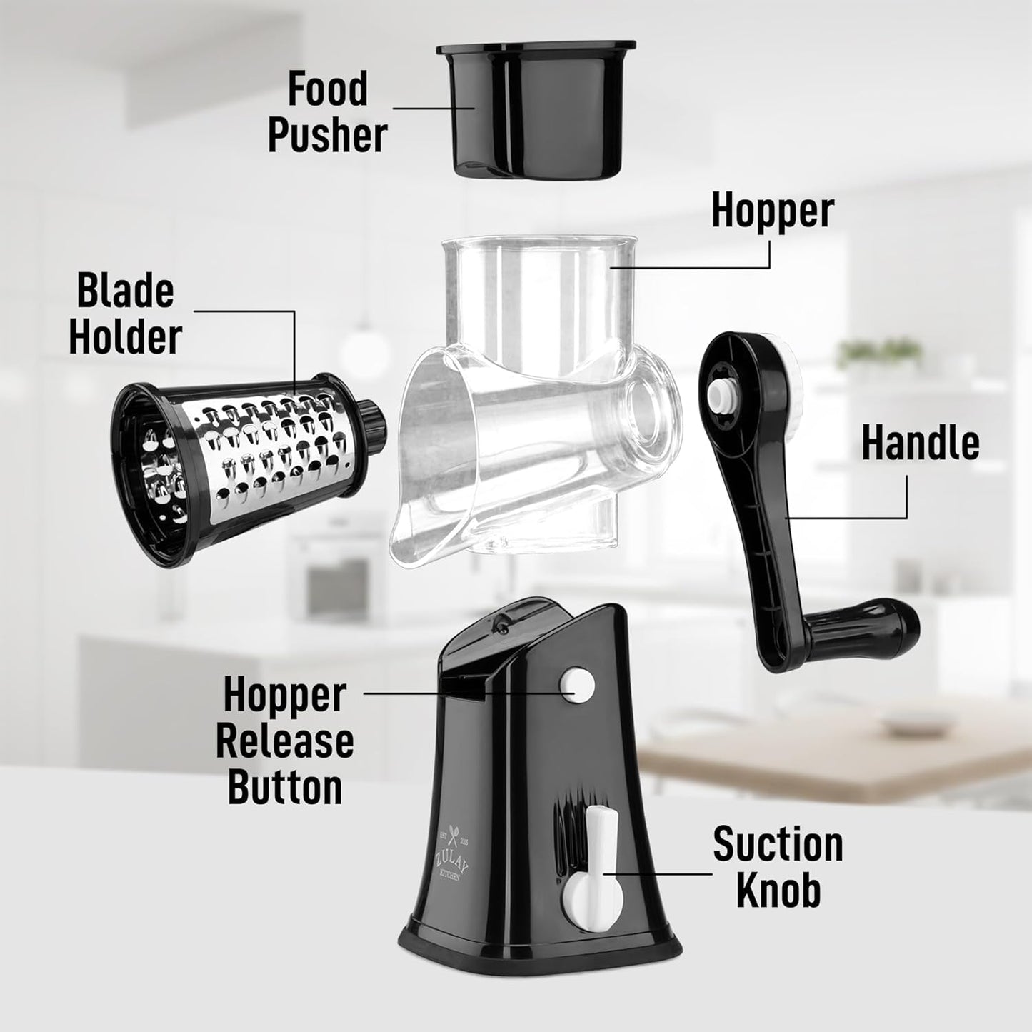 Zulay Kitchen Rotary Cheese Grater 5 Blade Cheese Shredder - Manual Hand Crank Cheese Grater With Reinforced Suction & 5 Interchangeable Drums - Easy to Use, Vegetable Chopper Round Mandoline Slicer