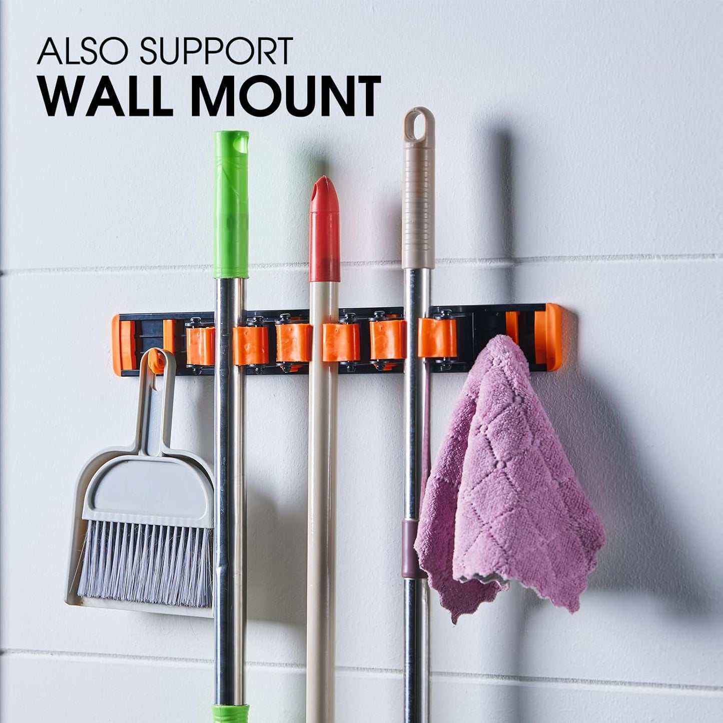 Unjumbly Broom Holder Wall Mount, Drilling Free Mop and Broom Holder with 2 Over Door Hooks, Tool Organizer for Laundry Room, Garage, Kitchen, Closet, Bathroom, Pantry - Orange