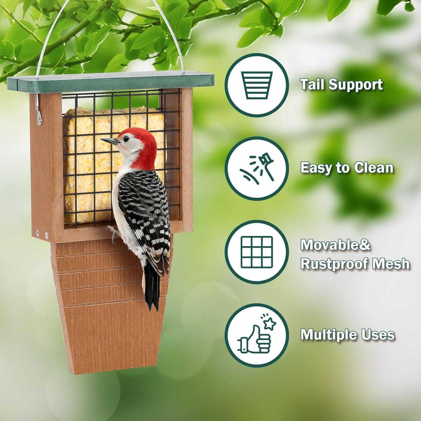 Gtongoko Recycled Plastic Suet Bird Feeder for Outside Hanging, Woodpecker Suet Feeder with Tail Prop, Hanging Suet Holder Birdfeeders, 1 Pack, Green