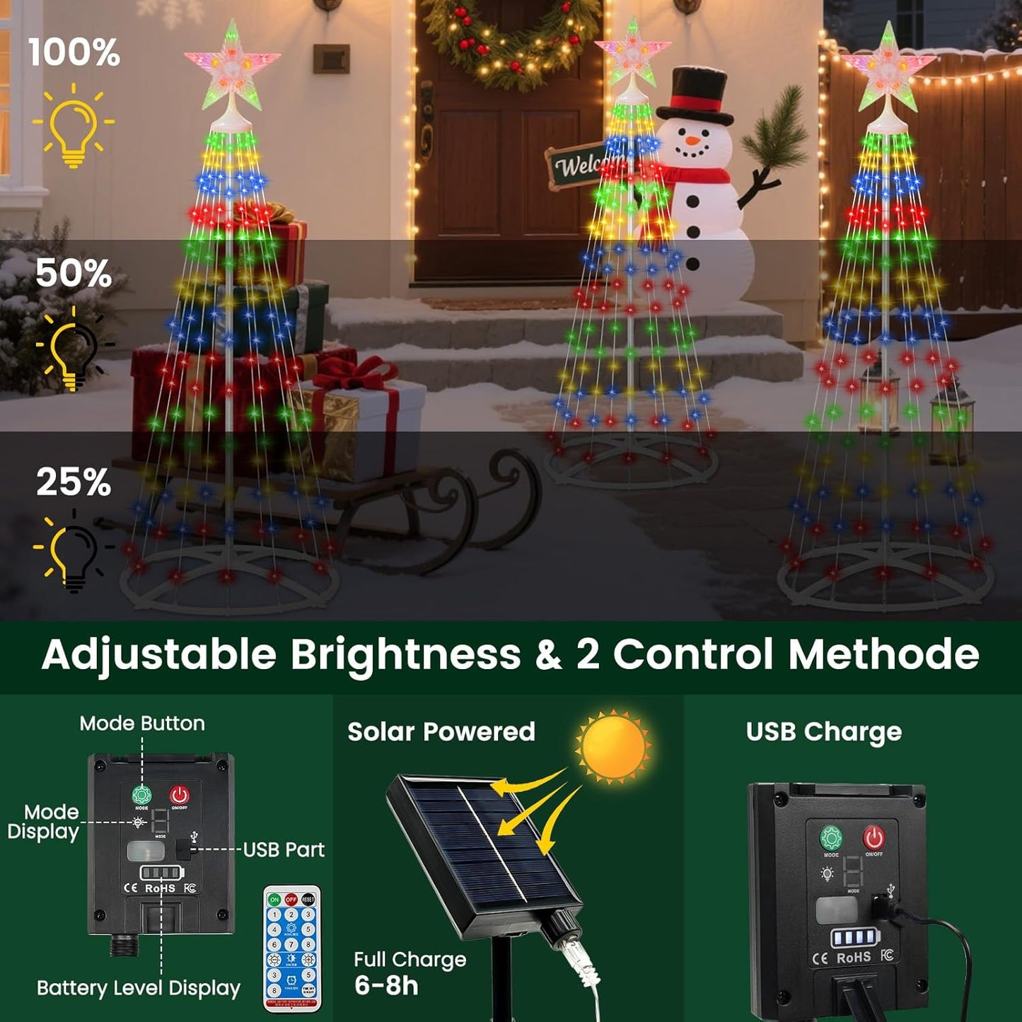 IDEAALS 5FT 154LED Outdoor Solar Christmas Cone Tree Lights, 8 Modes Timer Remote RGB Christmas Tree Lights with Star Topper for Xmas Yard Porch Patio Holiday Decor
