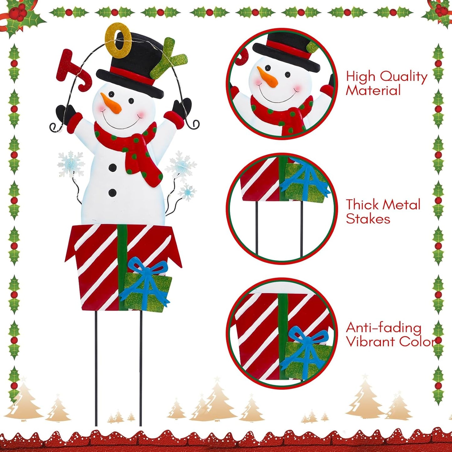 Solar Christmas Lights Outdoor Garden Stakes, 30in Metal Snowman Yard Signs with LED String Lights, Waterproof Christmas Decor for Xmas Lawn Pathway Patio Party Winter (Snowman)