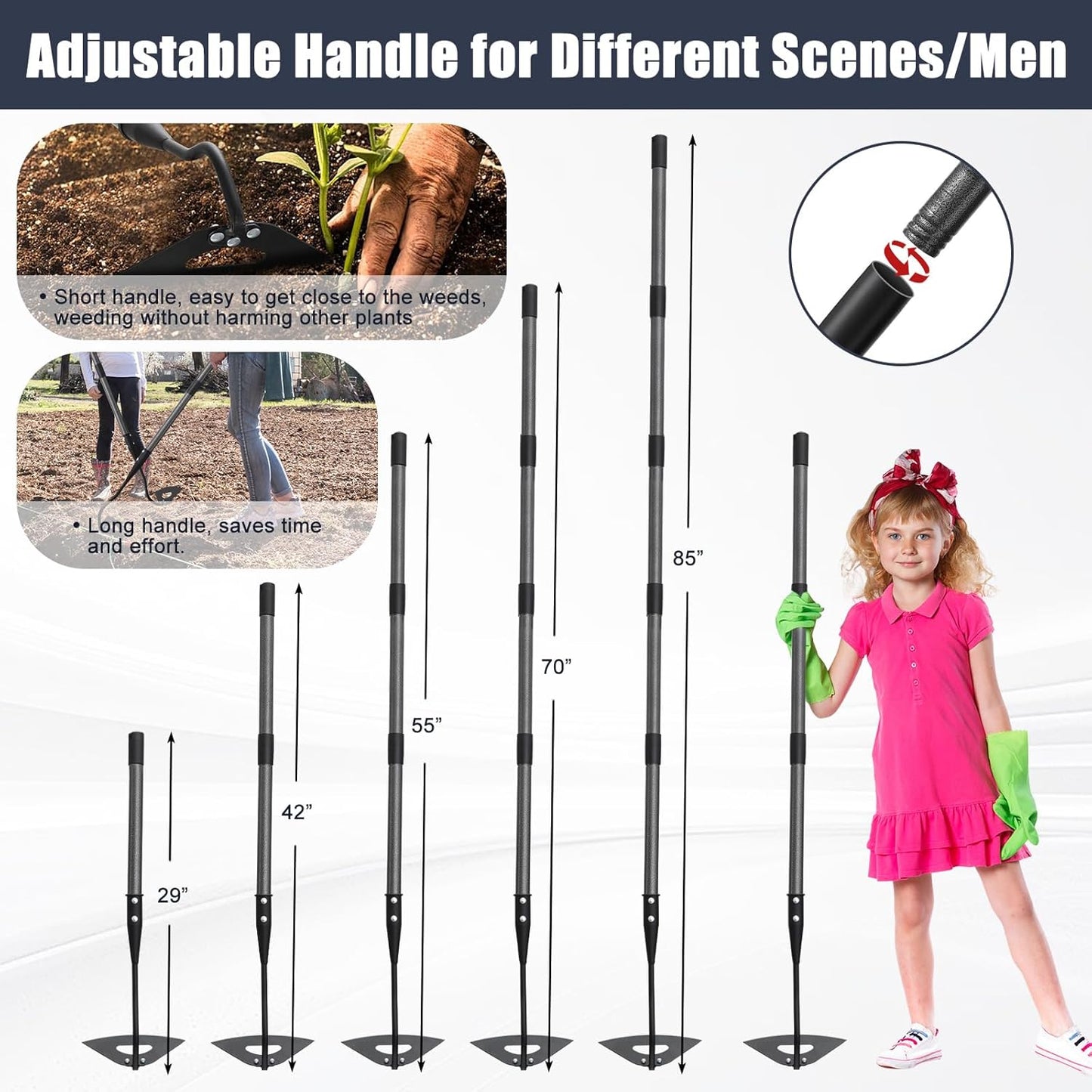 Hoe Garden Tool, Hollow Hoe with 55-85 Inch Long Handle, Adjustable Ma
