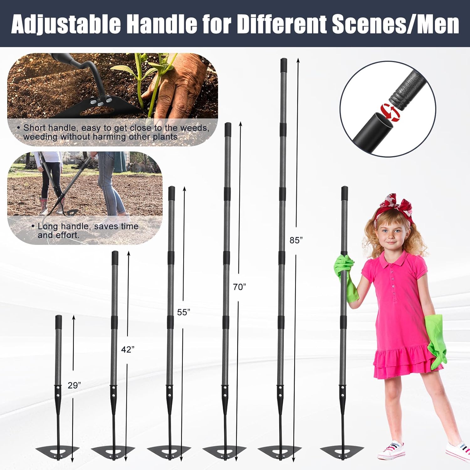 Hoe Garden Tool, Hollow Hoe with 55-85 Inch Long Handle, Adjustable Ma