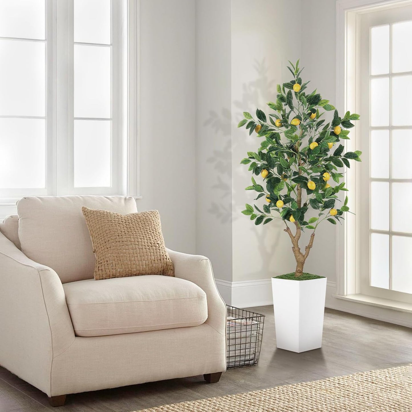 5FT Artificial Lemon Tree with Pot - 60" Fake Lemon Tree with White Tall Planter, Faux Lemon Plant with Realistic Fruits and Silk Leaves, Artificial Plants Indoor for Home Office Kitchen Decor
