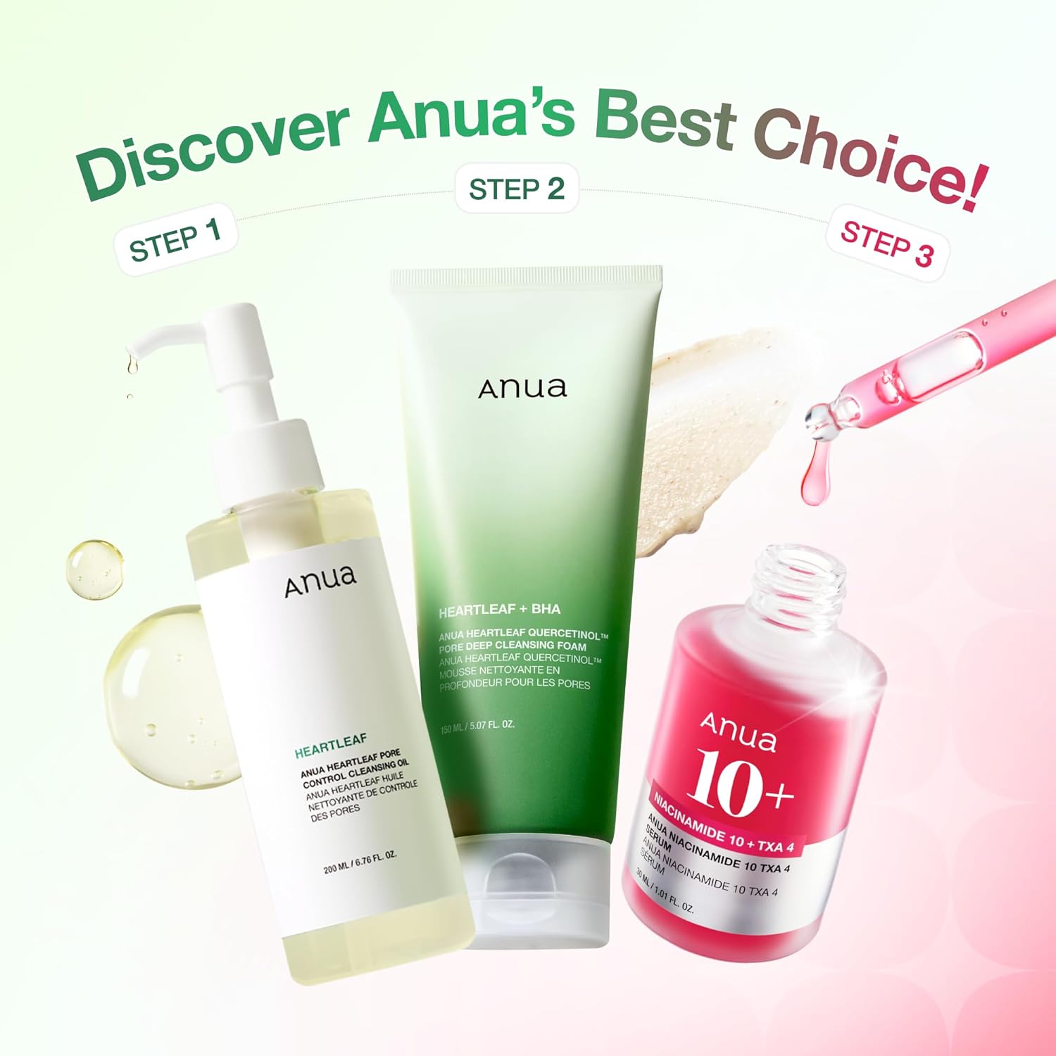 Anua 3-Step Glass Skin Beginner Set, Oil Cleanser and Face Wash with F
