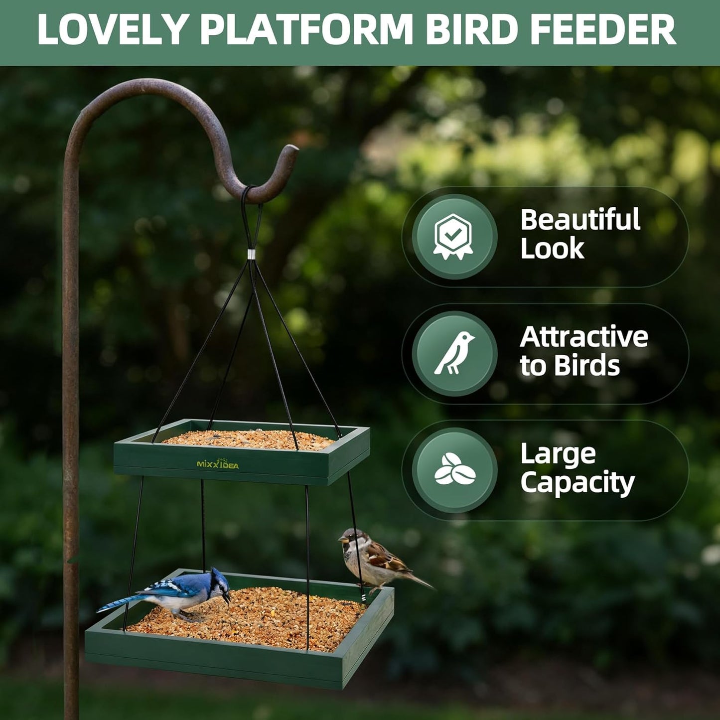 MIXXIDEA Bird Feeder Hanging Tray, 2-Tier Bird Feeders for Outdoors, Wooden Seed Tray Platform Mesh Seed Platform for Outside Garden Yard Decoration Attracting for Wild Birds (Green)