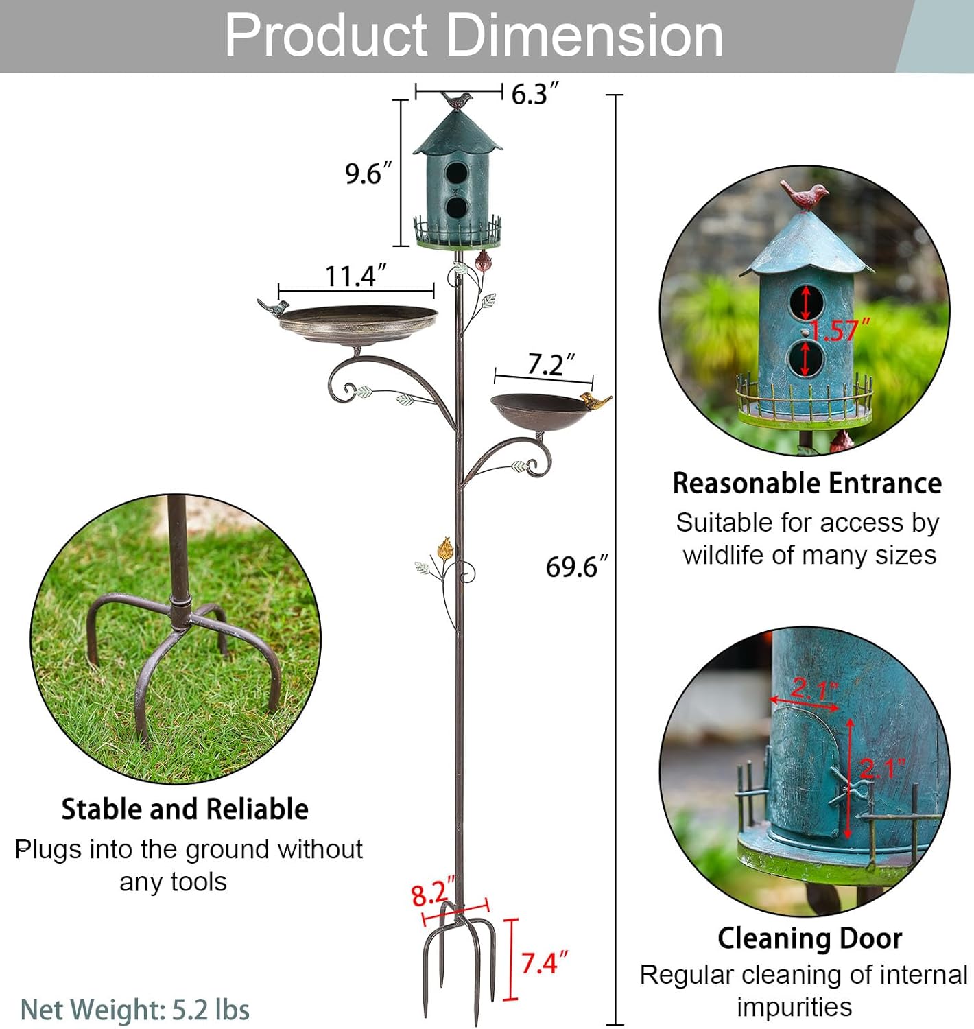 Metal Bird Bath Feeder and Houses for Outdoors, Birdbaths for Outside with 4-Prong Stake, 3 in 1 Free Standing with Blue House on Pole for Garden Patio Yard Lawn