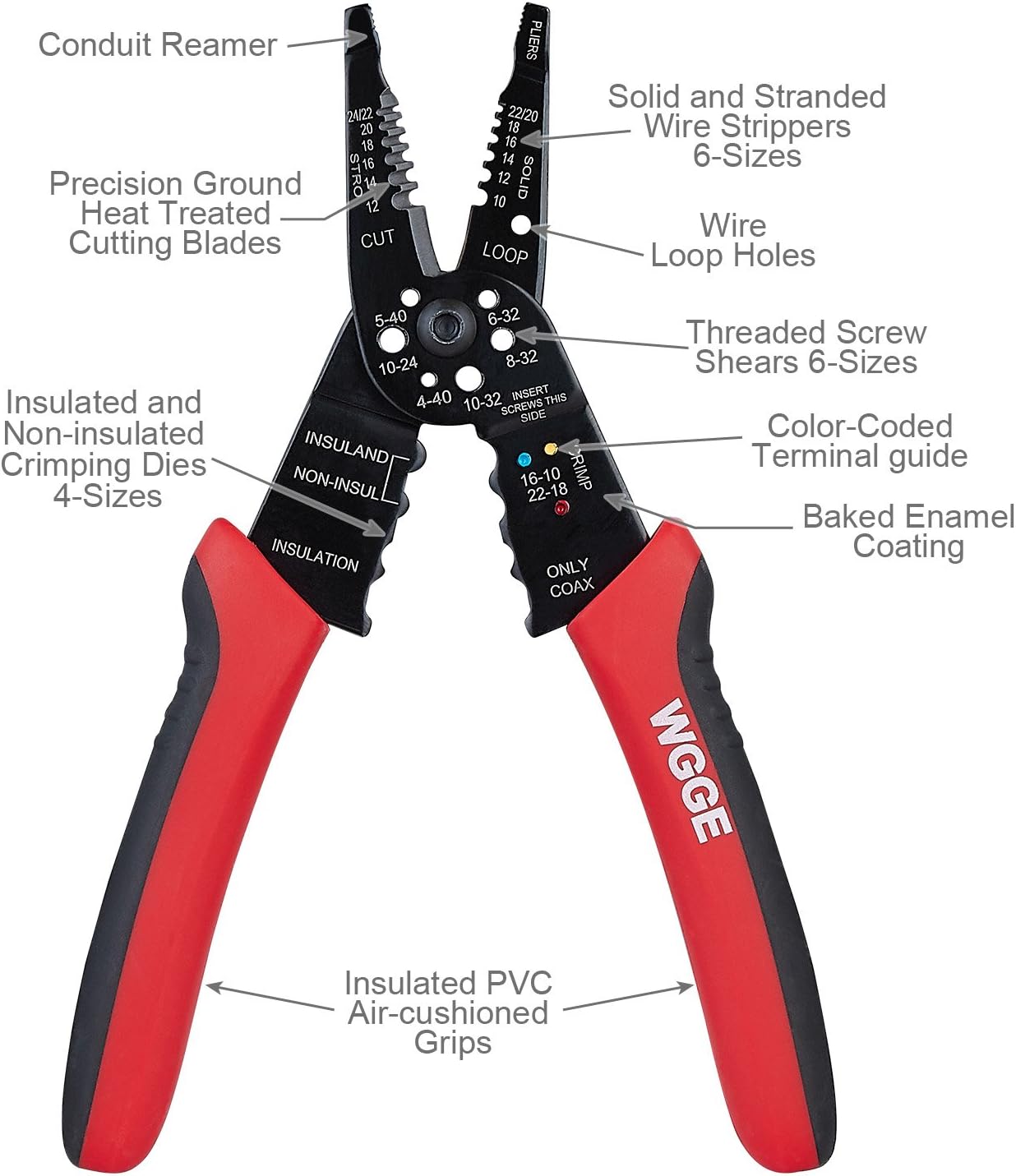 WGGE WG-015 Professional 8-inch Wire Stripper/Crimping Tool, Cable Cut