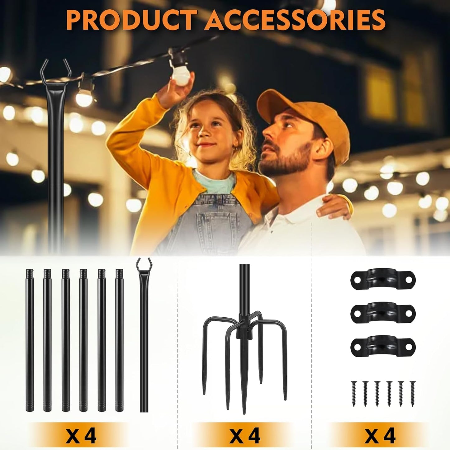 FEED GARDEN String Light Poles for Outside,9.8FT Metal Poles for Outdoor String Lights, Stand Poles for Deck, Garden, Patio, Wedding, Backyard, Christmas Party 4 Pack