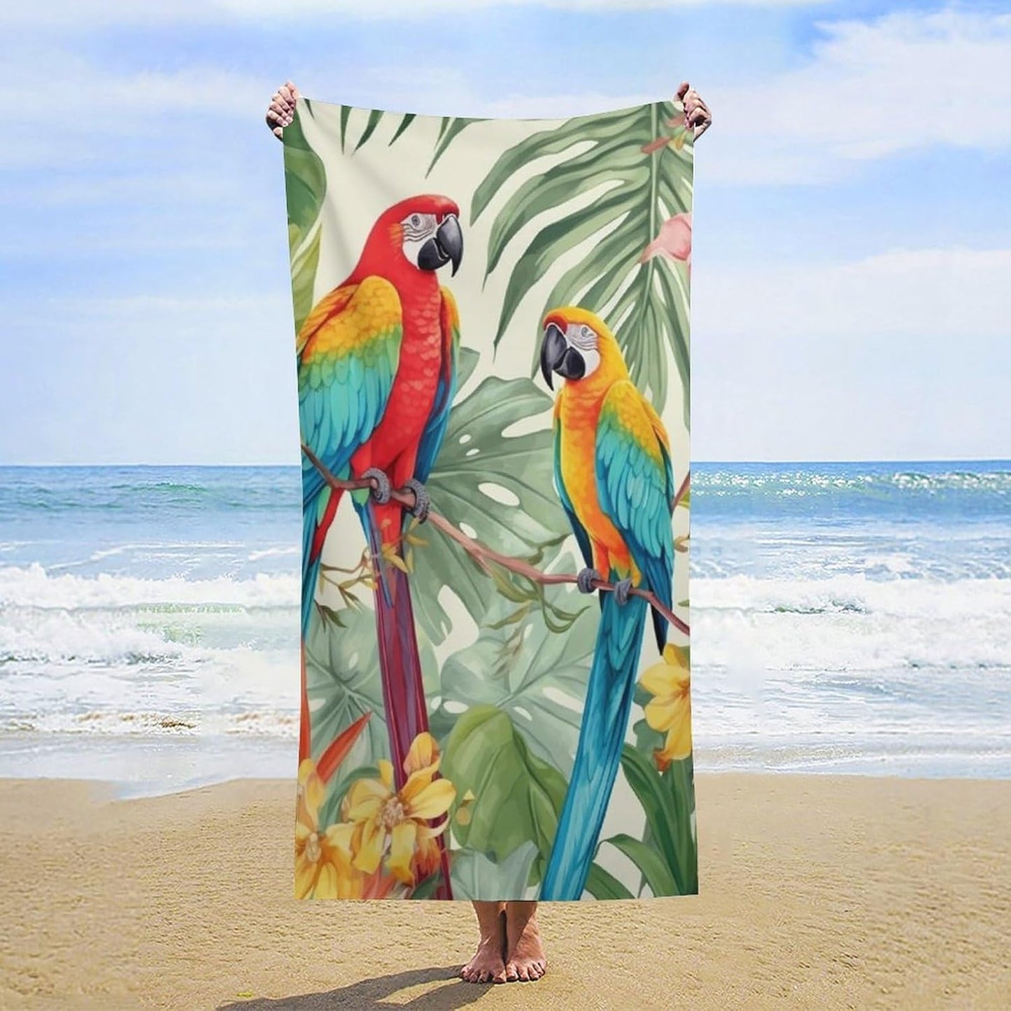 Oversized Beach Towel 63x32 Inch Sand Resistant Thin Microfiber Tropical Plants And Parrots Bath Towels for Body Absorbent Quick Dry Lightweight Travel Towel for Pool Yoga Swim Camping Adults Gift