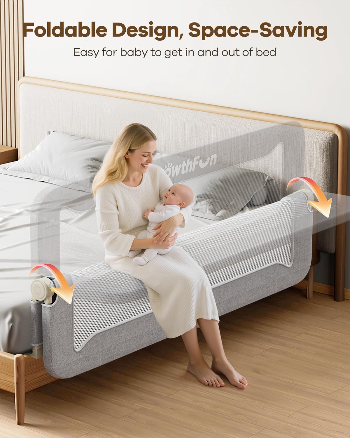 Foldable Bed Rail for Toddlers, 71in Reinforced Carbon Steel Frame&Con