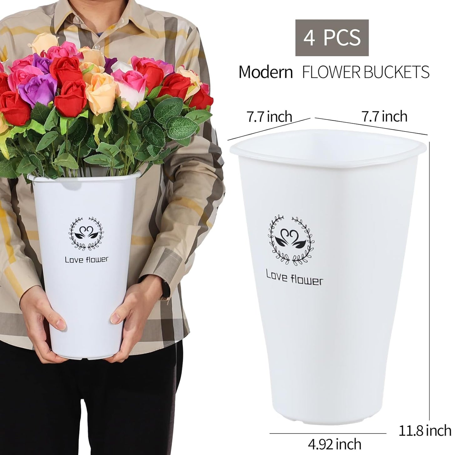 12 Inch Tall Flower Plant Buckets with Handles, Deep Plastic Flower Holder Tall Plant Pot, Planter Farmhouse Vase, Set of 4, White