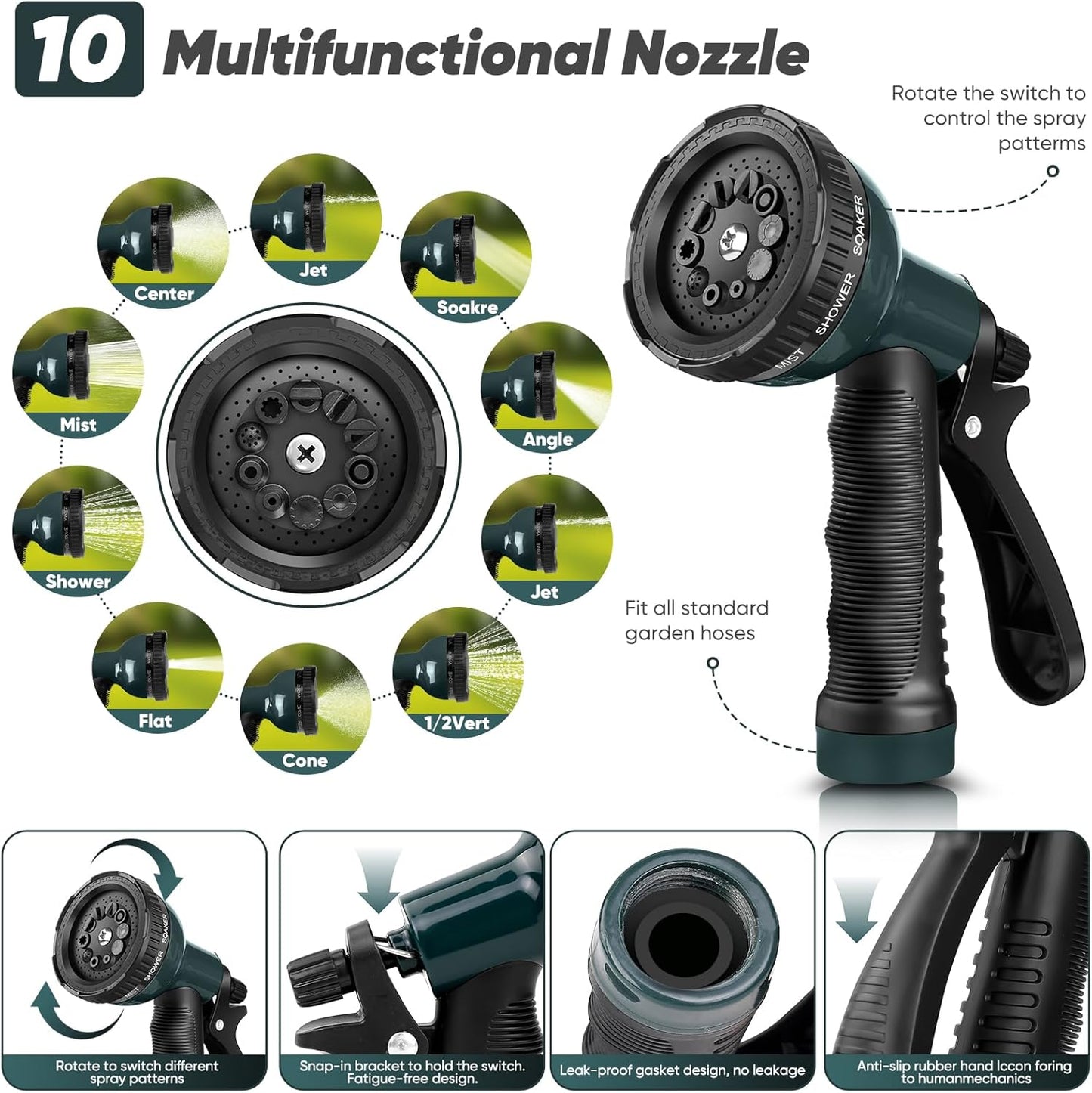 Garden Hose with 10-Function Nozzle, Leak-proof Metal Connector Hose, 