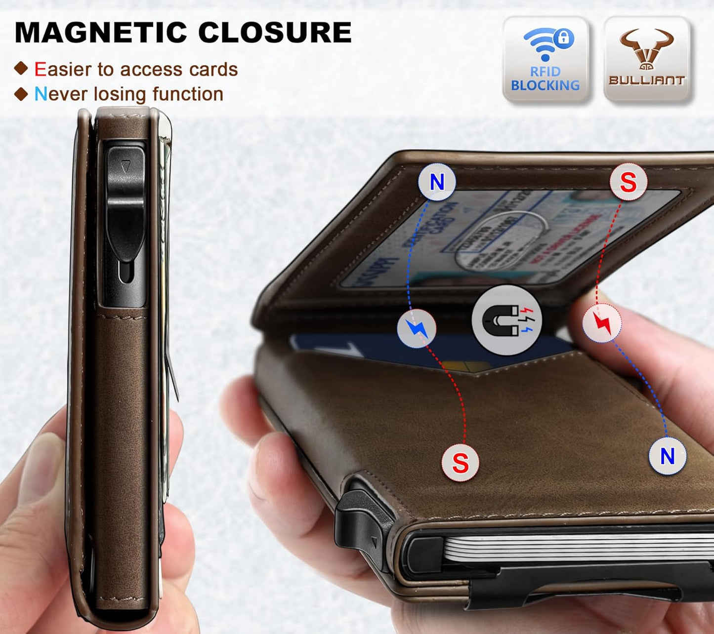 BULLIANT Men Wallet,Magnetic Metal Wallet Money Clip 9Cards Pop-up Acc