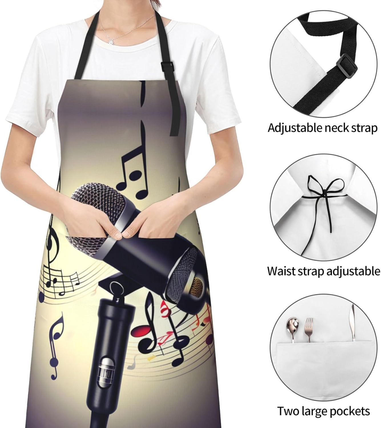 Microphone with Music Note print Waterproof apron with pocket adjustable cooking apron for adult kitchen bibs to bake