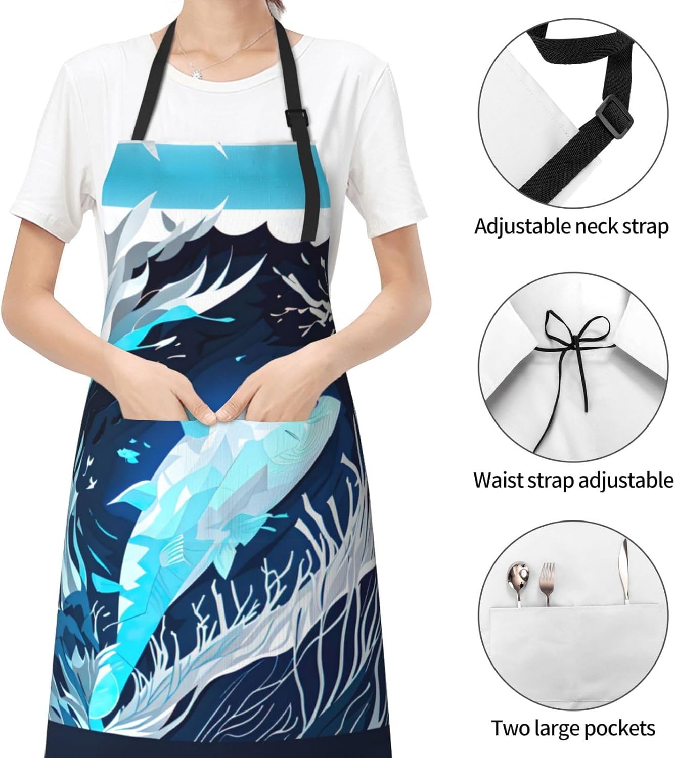 Deep Blue Animal Whale print Waterproof chef's apron with pocket apron for kitchen cooking baking barbecue and gardening