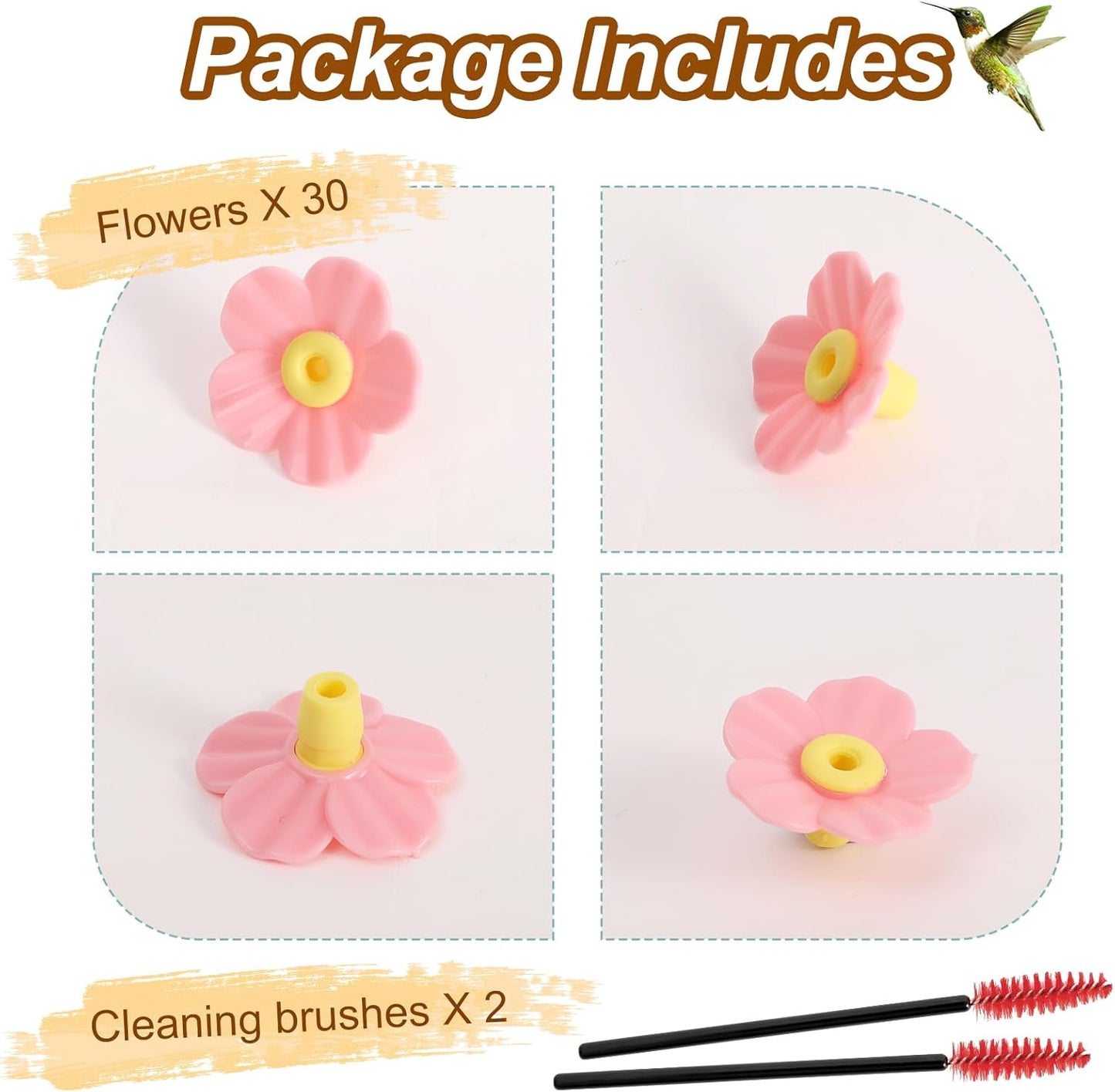 30 Pieces Hummingbird Feeders Replacement Flowers and 2 Cleaning Brushes, Feeding Ports Replacement Bird Feeder Replacement Parts for Hanging Feeding Hummingbird Outdoors(Pink)