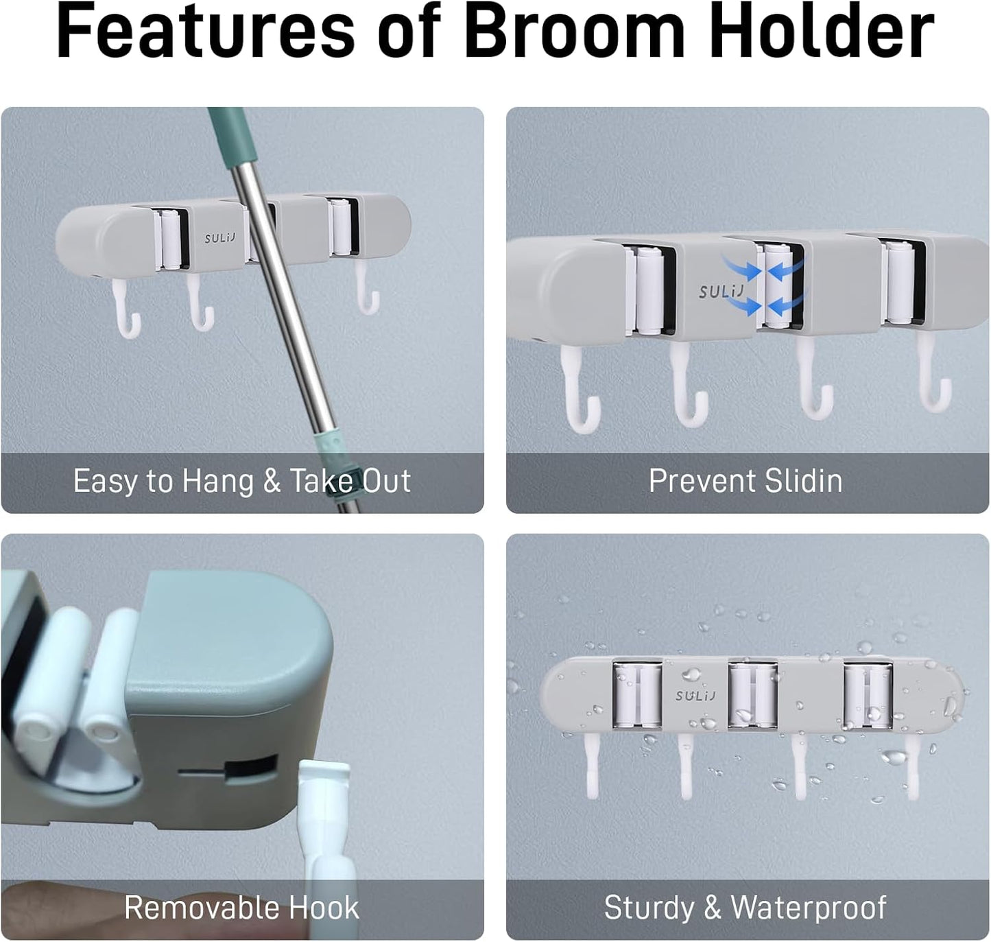 Broom Holder with 3 Slots & 4 Hooks Heavy Duty Garden Tool Organizer Broom Hanger Wall Mount for Home Laundry Room Kitchen Closet Shed Garage Organization and Storage - Grey