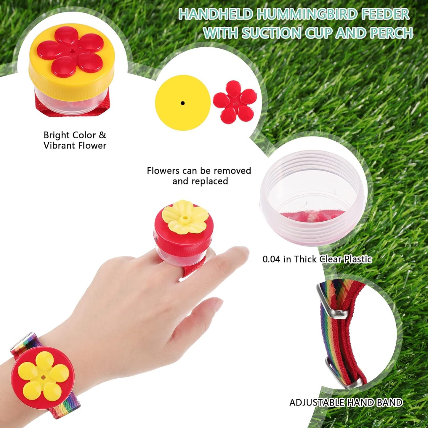 Zopeal 4 Pieces Hummingbird Wrist Feeder for Outdoor Hummingbird Hand Feeder Feeding Perch Feed with Adjustable Strap Flower Held Mini Hand Feeding Tools (Ring and Wrist Style)
