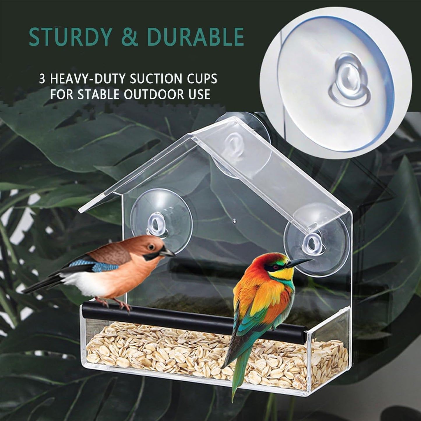 Window Bird Feeder with Strong Suction Cups & Fixed Seed Tray, Transparent Acrylic Birdfeeder for Outdoor (Balcony/Patio), for Wild & Pet Bird Watching Lovers (Small House)