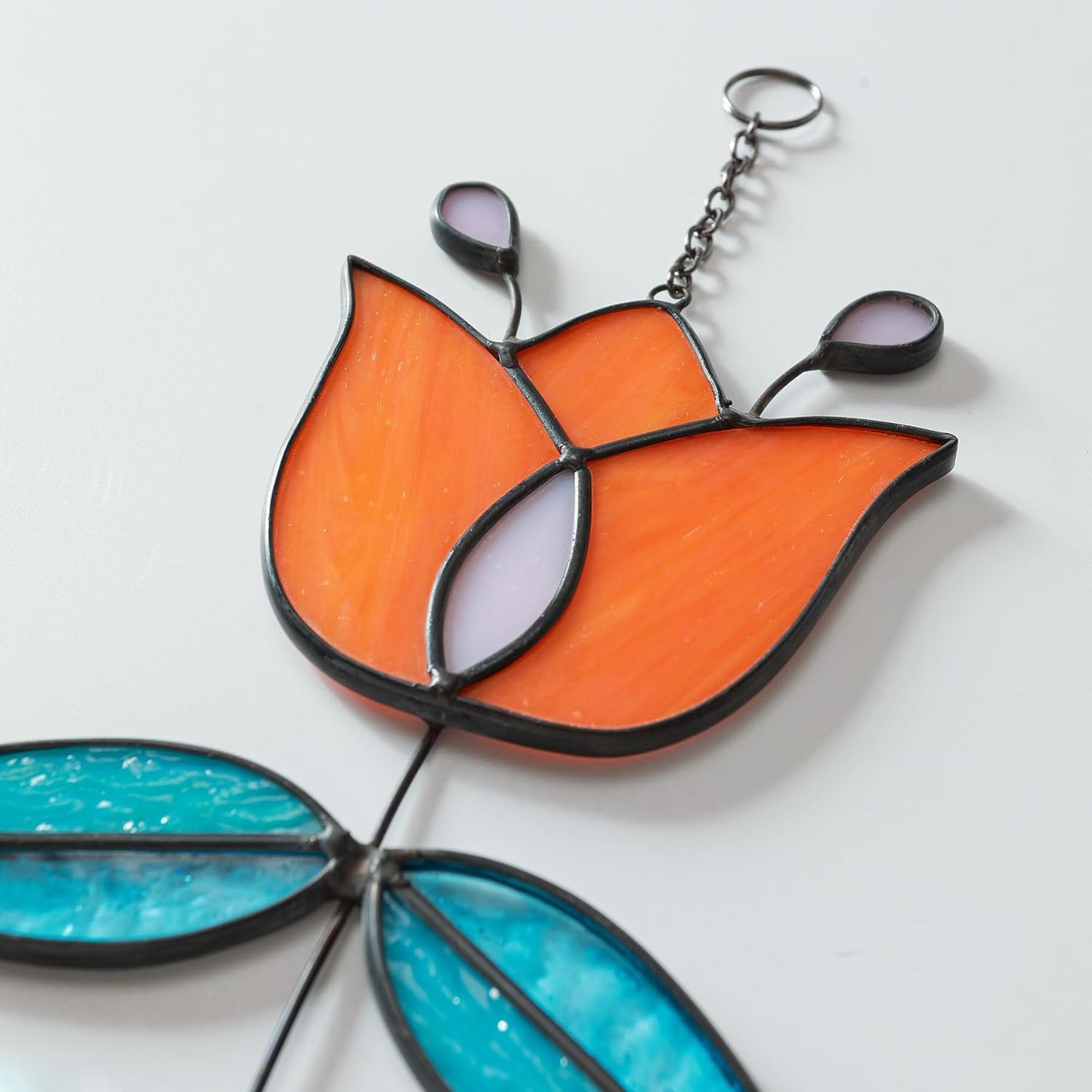 Coral Tulip Stained Glass Suncatcher, Folk Flower Stained Glass Window Hanging Sun Catcher, Retro Funky Home Decor, Handmade Coastal Ornaments, 9.4" x 4.7"
