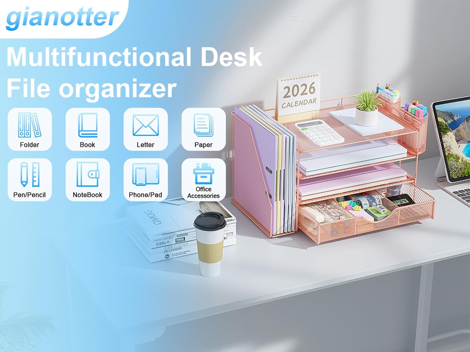 gianotter Desk Organizers and Accessories with File Holder, 4-Tier Des