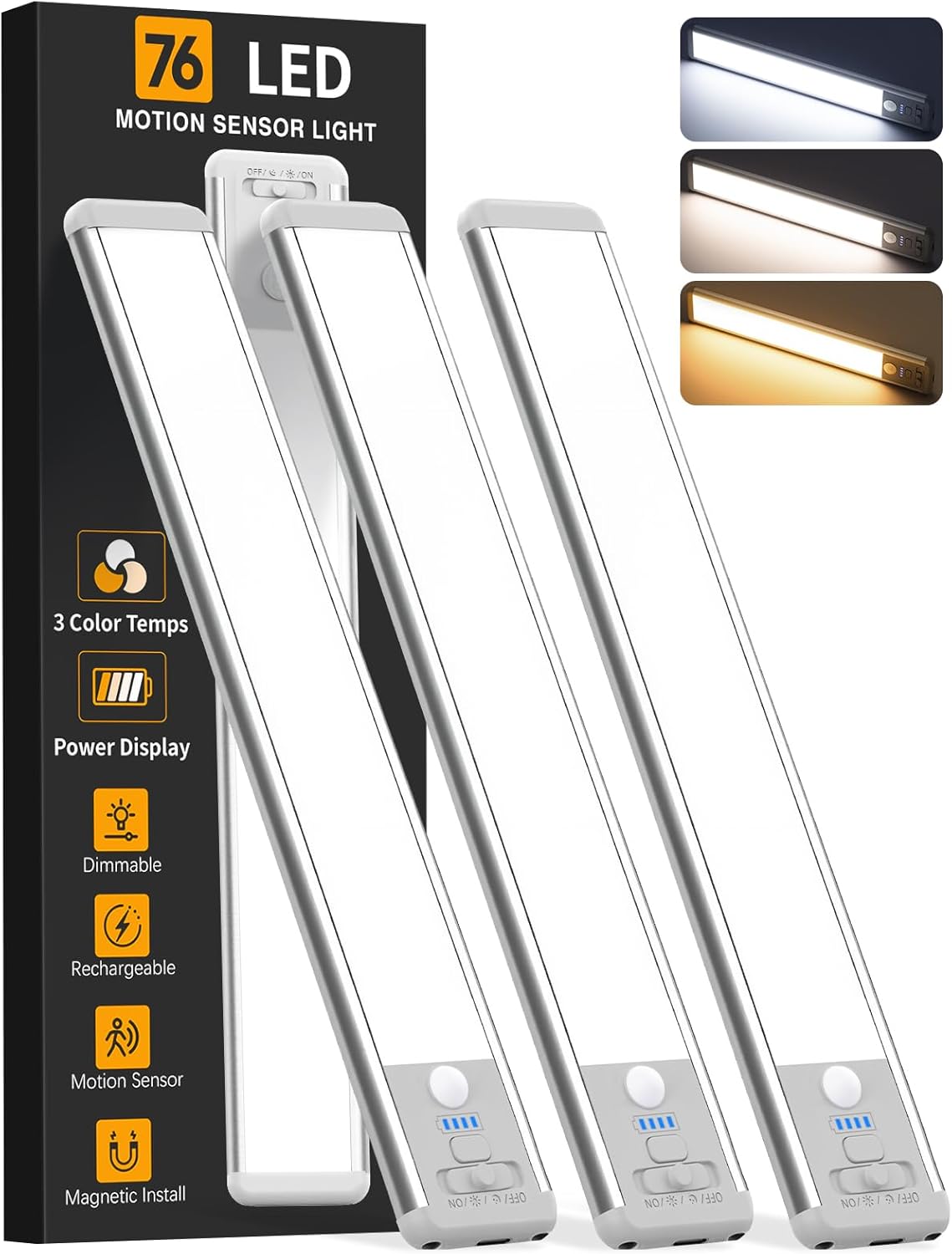 Under Cabinet Lighting Wireless, Rechargeable Motion Sensor Light Indoor, 3 Color Dimmable Closet Light Battery Operated with LED Power Display, Magnetic Under Counter Lights for Kitchen, Home (3Pack)