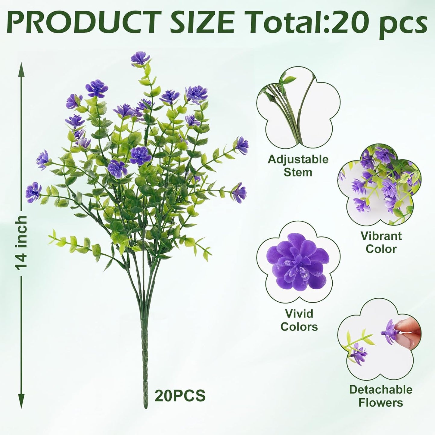Outdoor Artificial Plants, 20 PCS Artificial Flowers, UV Resistant Fake Flowers,Faux Flowers for Outdoor Garden Porch Yard Decor,Bluish Violet
