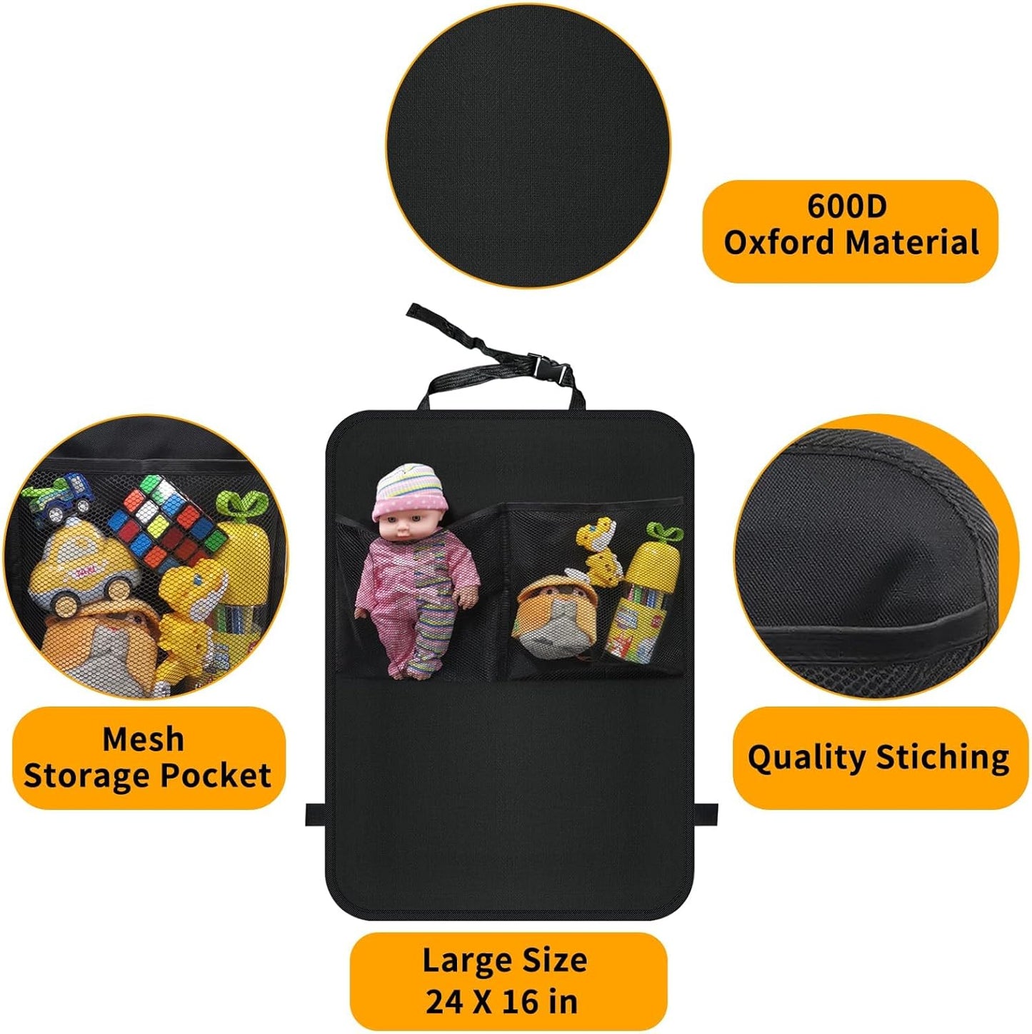 Kick Mats with Organizer - 2 Pack Backseat Protector Seat Covers for Your Car, SUV, Minivan or Truck Seats - Vehicle Back Seat Kids Safety Accessories - Universal Fit Automotive Interior Protectors