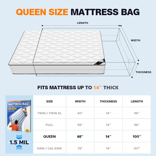 Plastic Mattress Bag for Moving Storage, Waterproof Mattress Cover, Mattress Protector for Moving Supplies - Queen Size (1.5MIL)