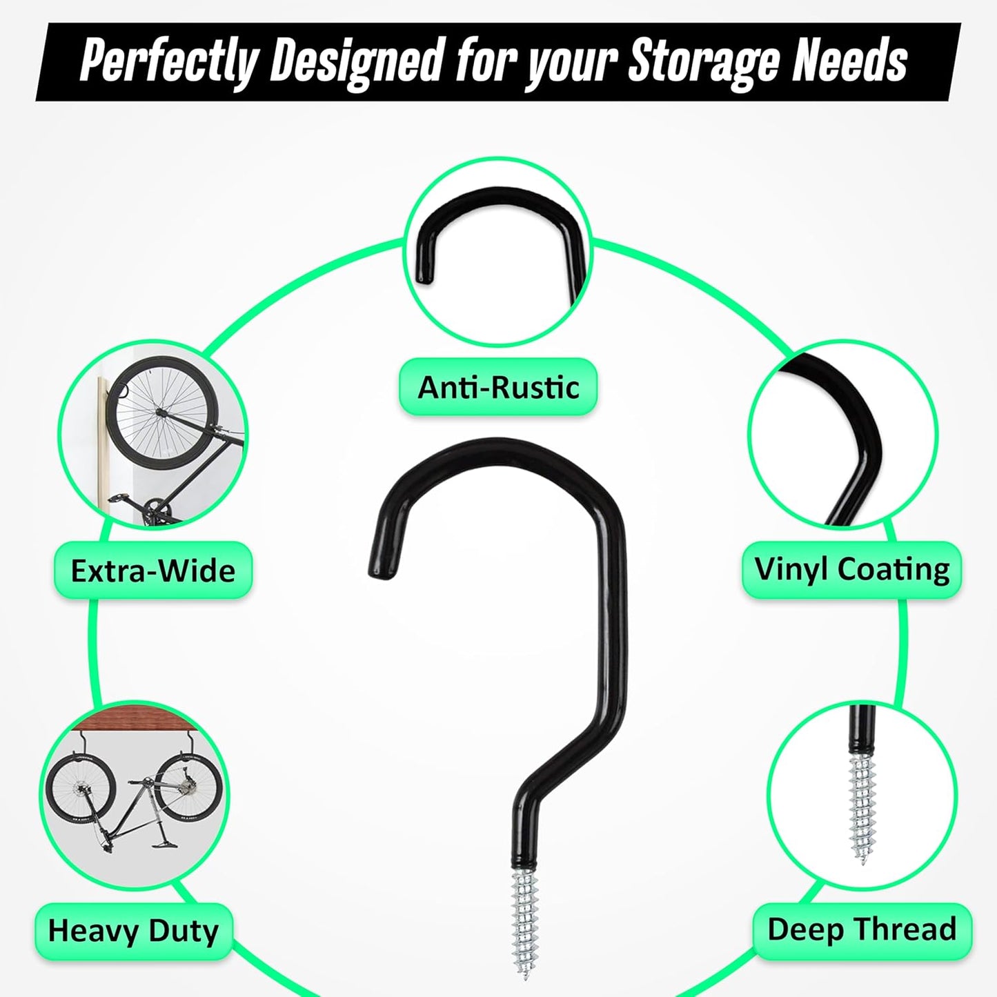 6 Pack Heavy Duty Garage Bike Storage and Utility Hooks-5.7 Inches for Garage Wall and Ceiling-Garage Hooks for Hanging Bicycle,Hose,Cords,and Garden Tools