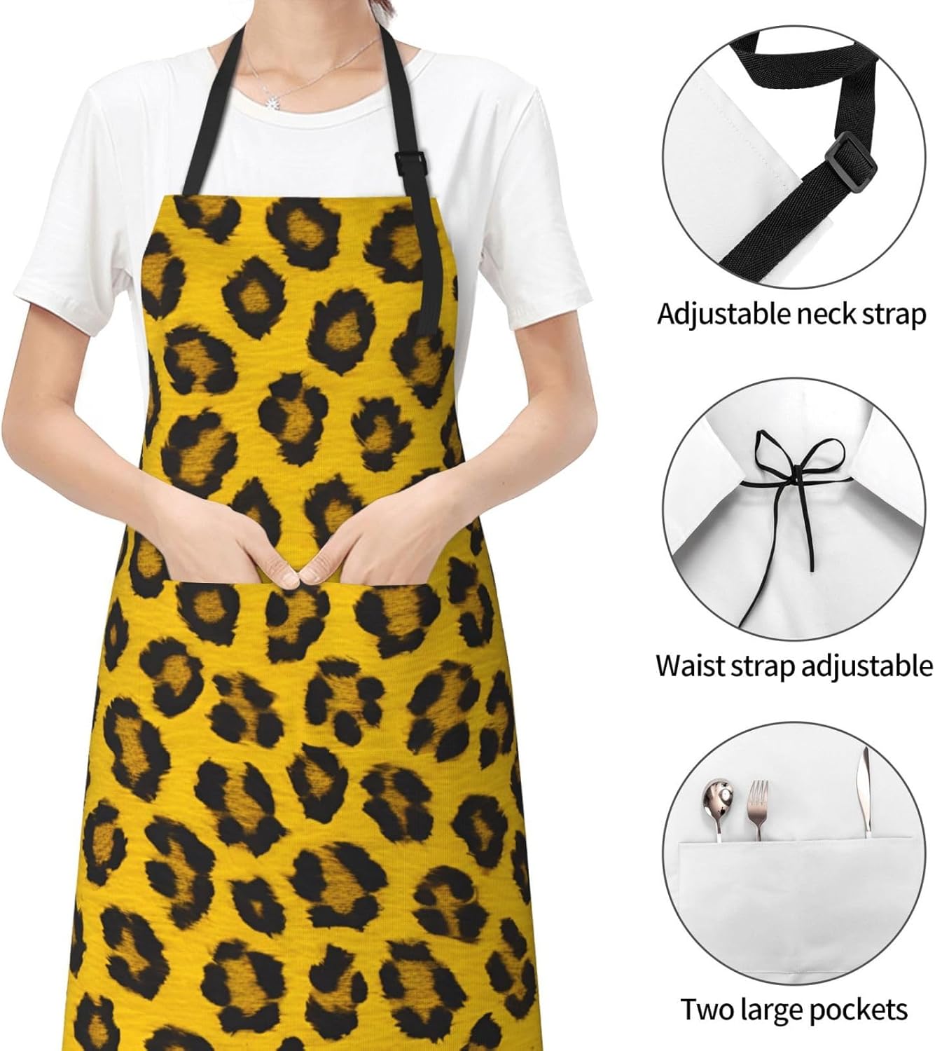 Yellow Leopard Print 28x33 In Kitchen Apron Stylish Chef Apron with Pockets for Cooking Baking Painting