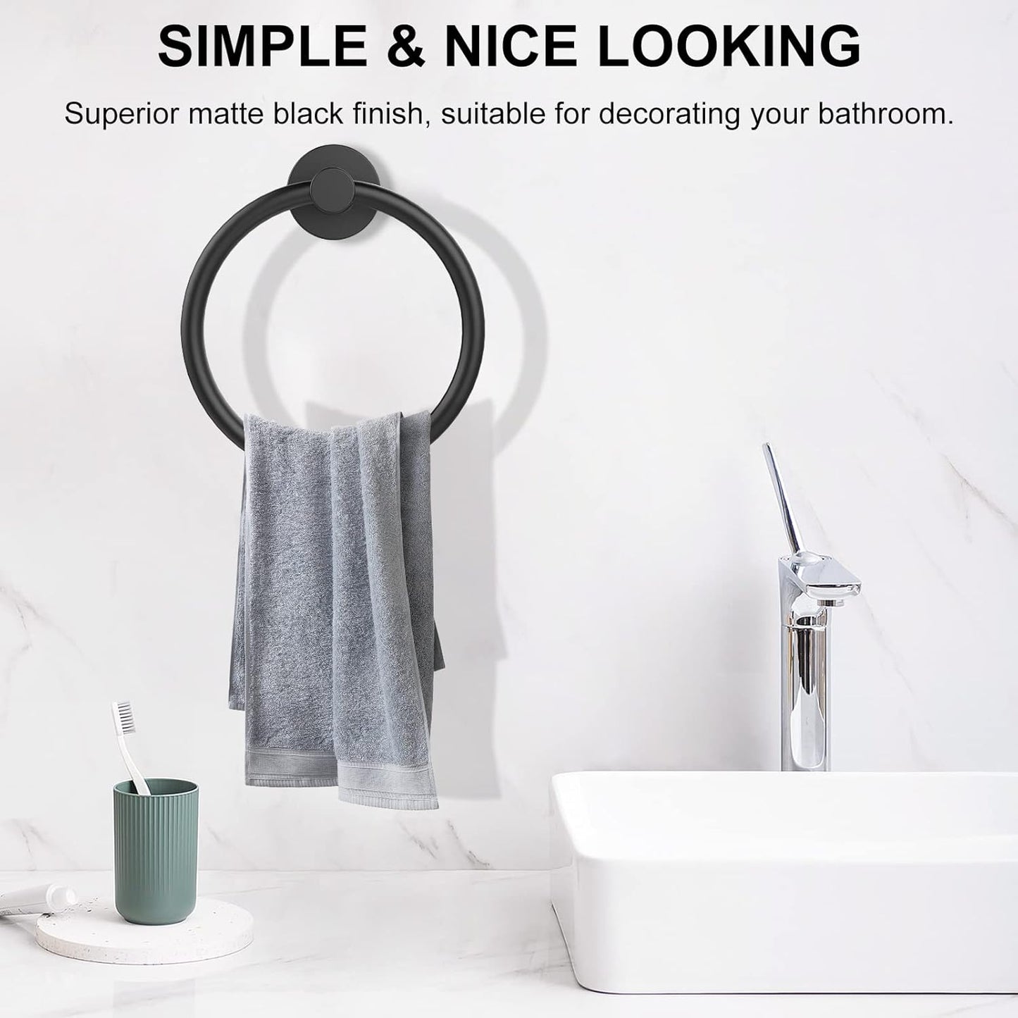 SetSail Towel Holder for Bathroom Wall Matte Black Towel Ring Stainles