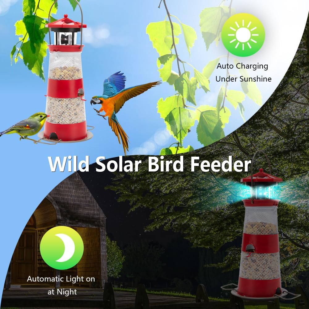 Solar Bird Feeder Lighthouse Hanging Outdoor Birdfeeder Garden Lantern Waterproof LED Lights Backyard Décor Patio Gifts for Bird Lovers (B-Lighthouse, Red)