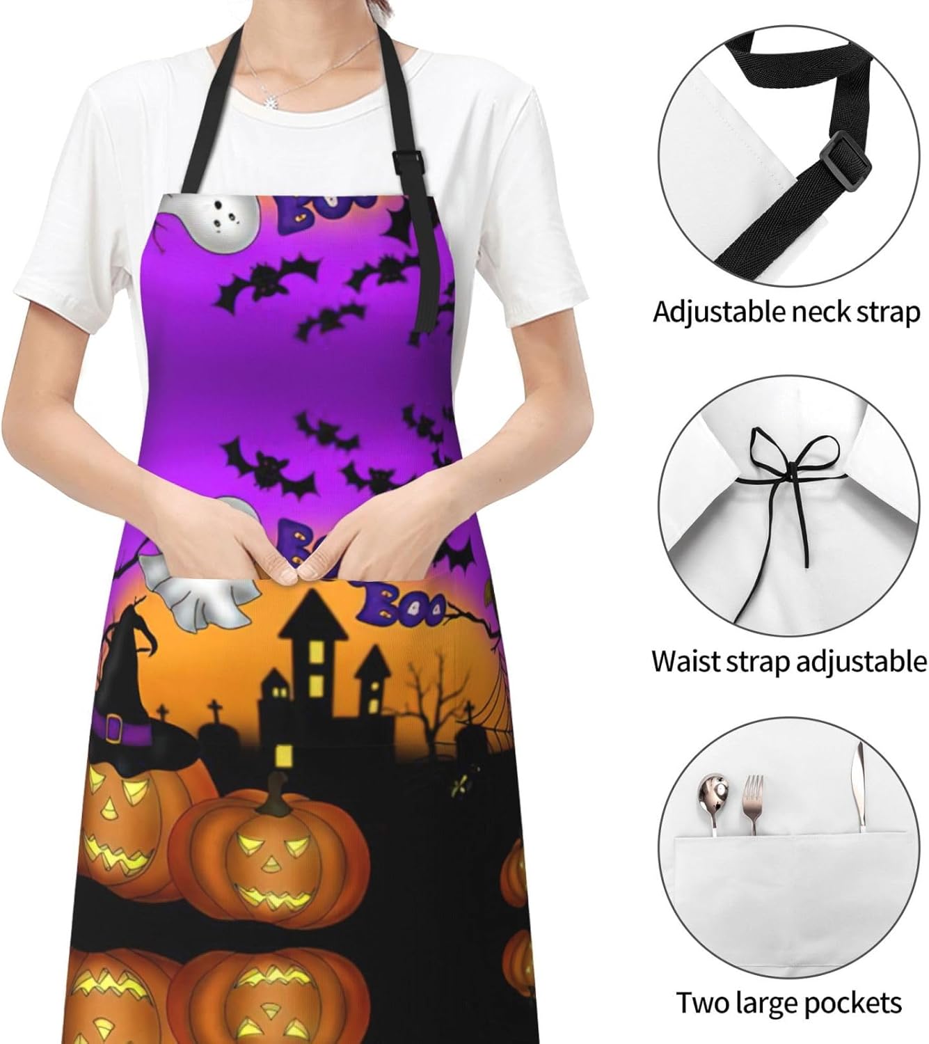 Halloween Owl Ghost Pumpkin Print 28 x 33in Waterproof Apron with Pockets Fashionable Versatile Smock for Baking