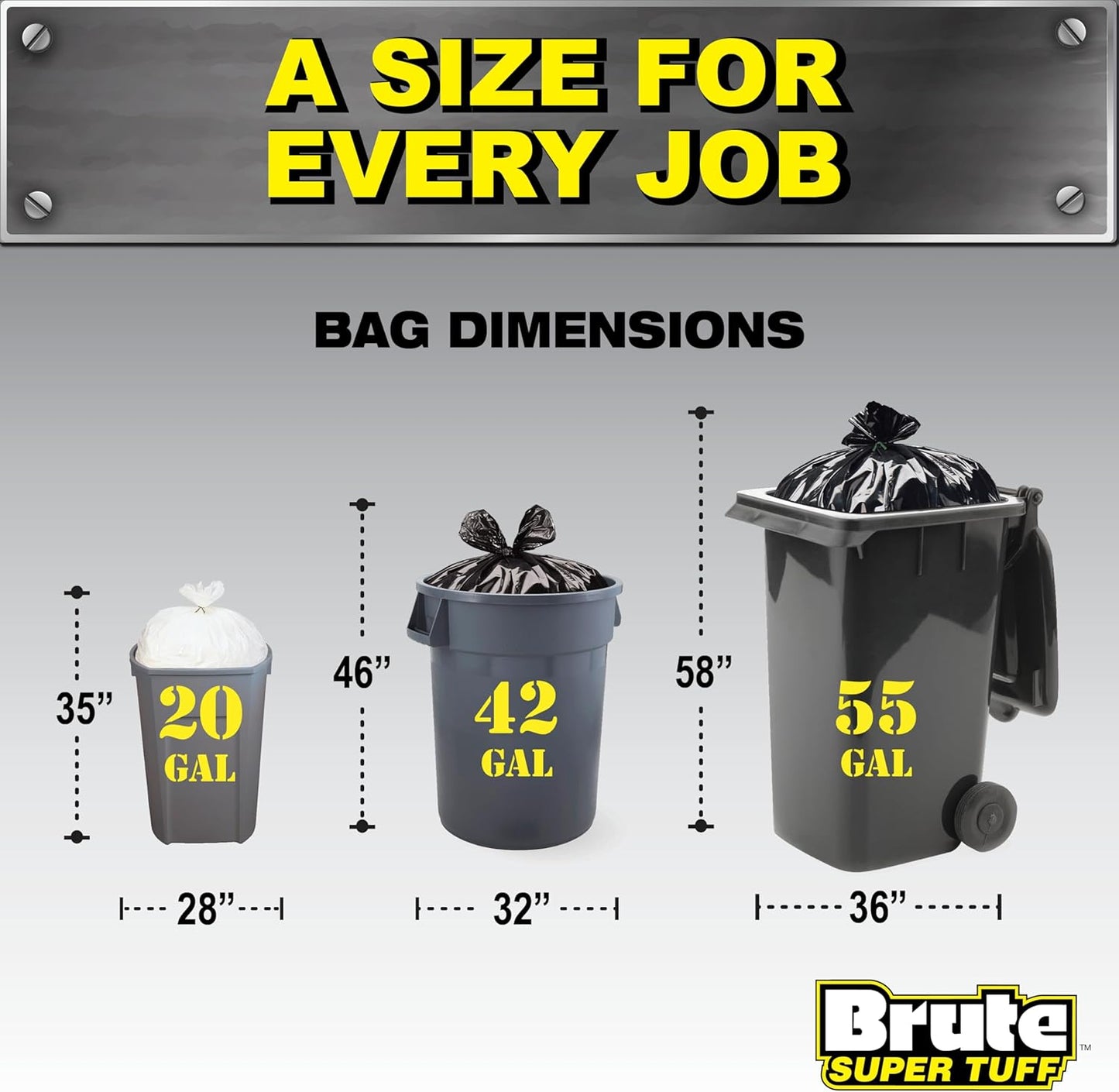 Brute Super Tuff Heavy Duty 2.2 MIL Contractor Bags, Extra Large Trash Bags, Twist Tie Closure, Black, 55 Gallon, 15 Count
