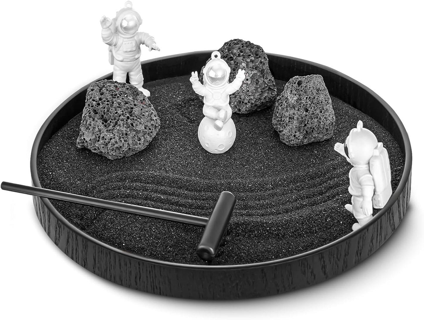 Zen Garden Kit for Desk – 8.2" Mini Zen Garden Desktop Decor with Astronauts, Black Sand, Stones & Rake Home Office Desk Decorations, Unique Decoration Gifts for Family and Friend