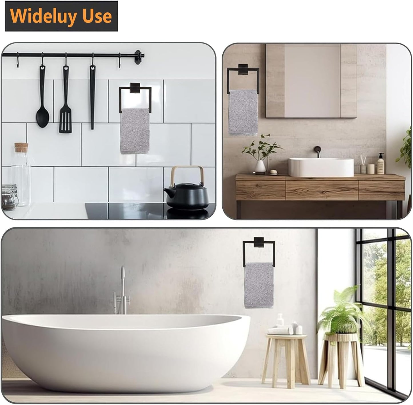 Towel Ring - Thicken SUS 304 Stainless Steel Towel Holder, Towel Racks for Bathroom, Square Modern Design Hand Towel Holder, Contemporary Hand Towel Bar - Matte Black