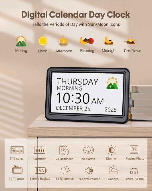 Clock with Day and Date for Elderly, 7" Large Display Digital Calendar