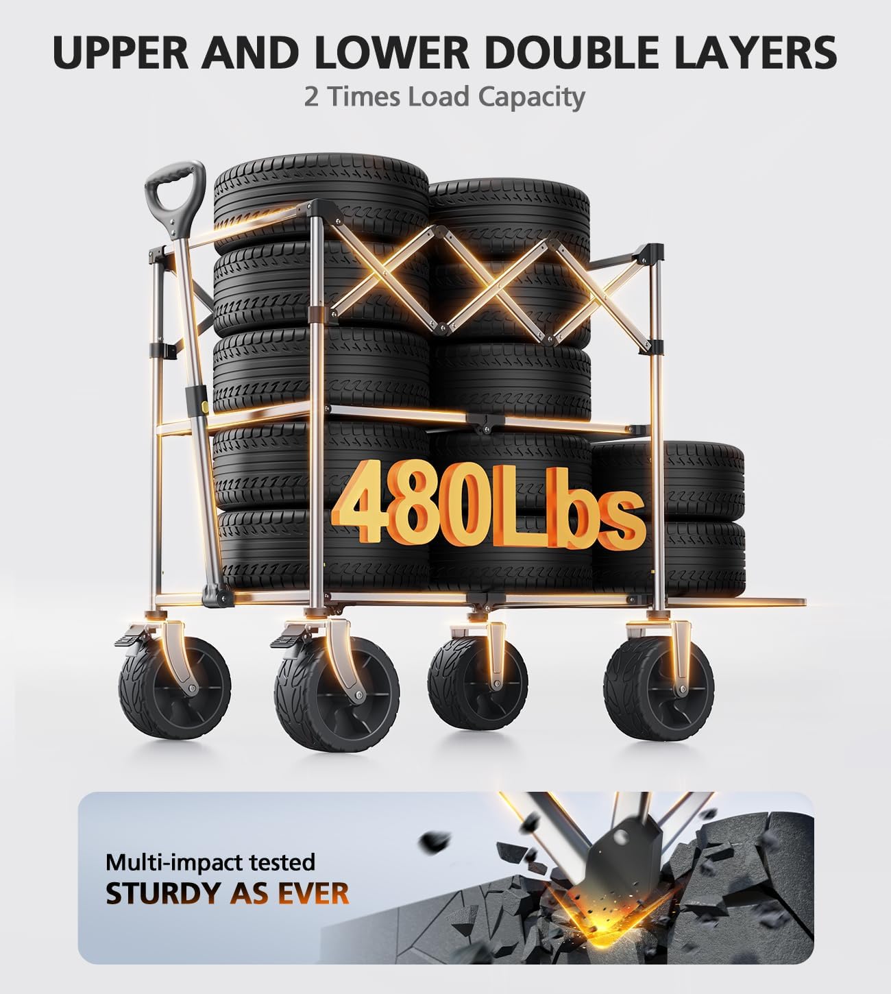 480Lbs Foldable Double Decker Wagon Cart,Beach Carts with Large Wheels&Side Storage Pocket&Dustbag,Large Capacity Folding Wagon for Shopping,Garden,Camping,Fish,Sports-Black