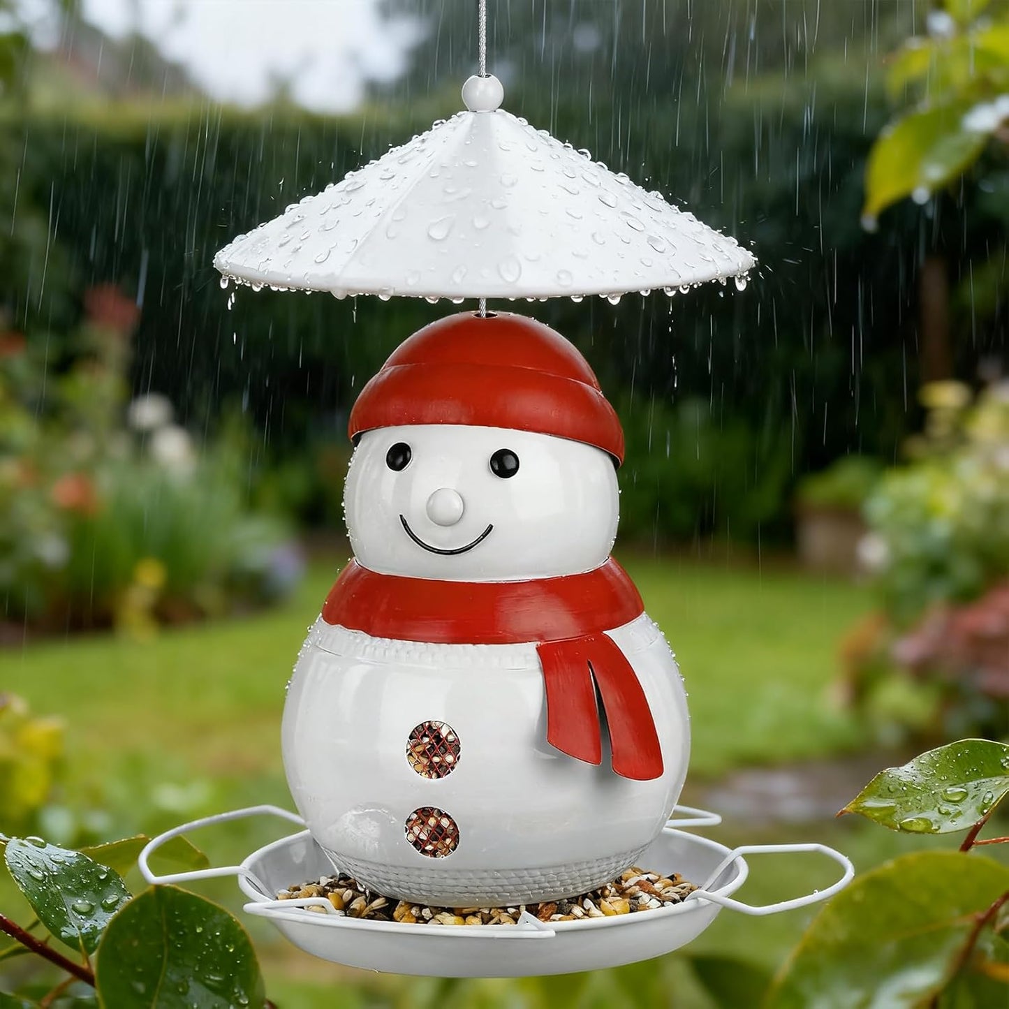 Bird Feeder for Outdoor Hanging, Heavy Duty Metal Wild Bird Feeder with Squirrel Proof Baffle for Outside Hanging, Large Capacity Birdfeeder Garden Yard Decoration, Cute Snowman Shaped