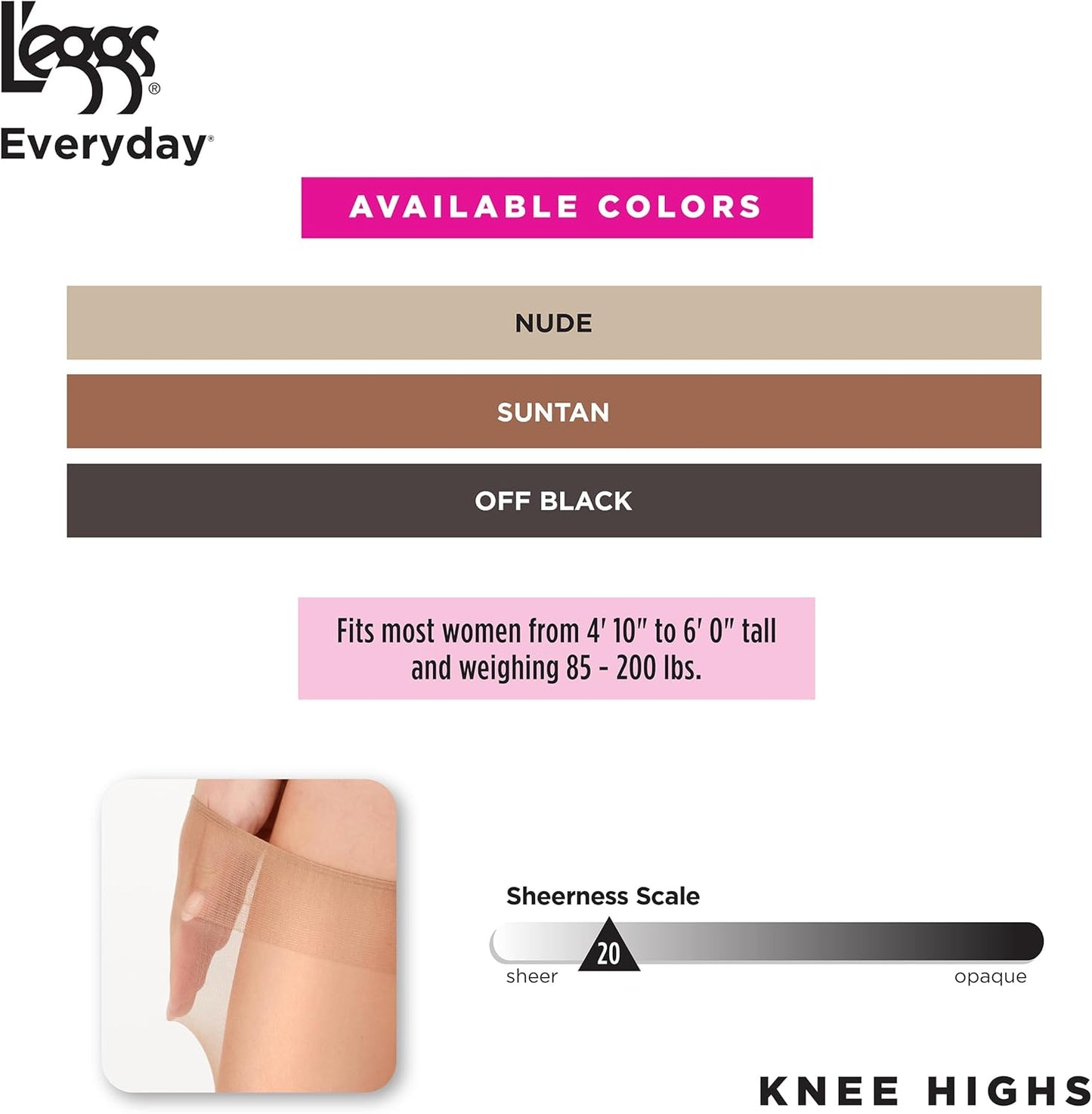 L'eggs Everyday Women's Knee High Stockings, Reinforced Toe, 100% Nylo