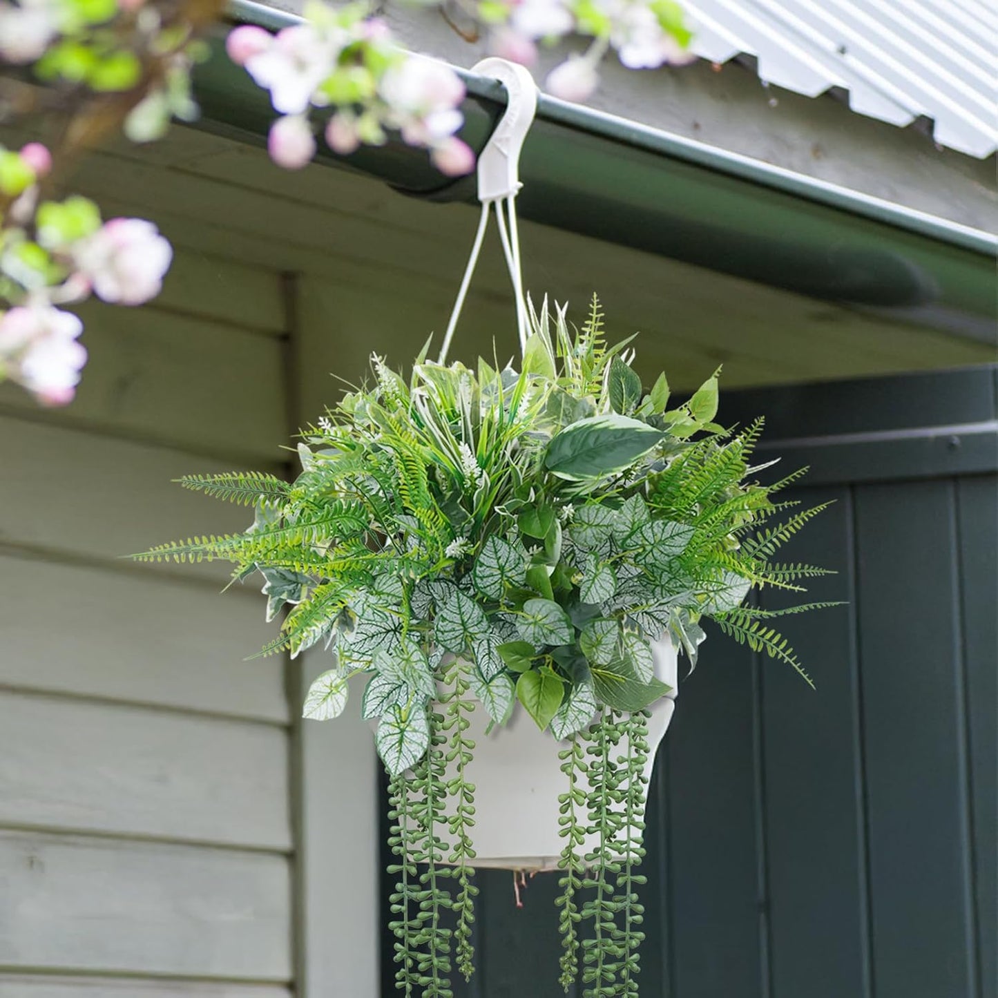 16 Bundles Artificial Greenery Stems for Outdoors Faux Plants UV Resistant Fake Leaves Bushes with Hanging Plants for Outside Porch Window Box Home Garden Decor (13.8")
