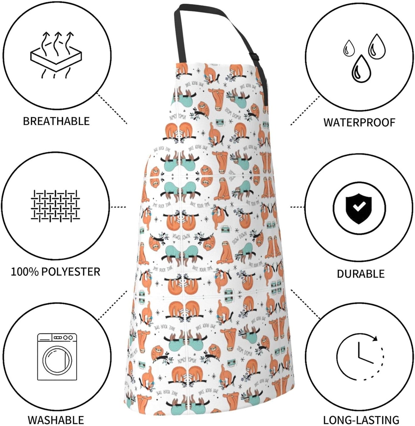 funny Cute Animal Sloth Music Print 28x33 In Adult Kitchen Apron with Pockets Versatile Chef Smock for Cooking Baking