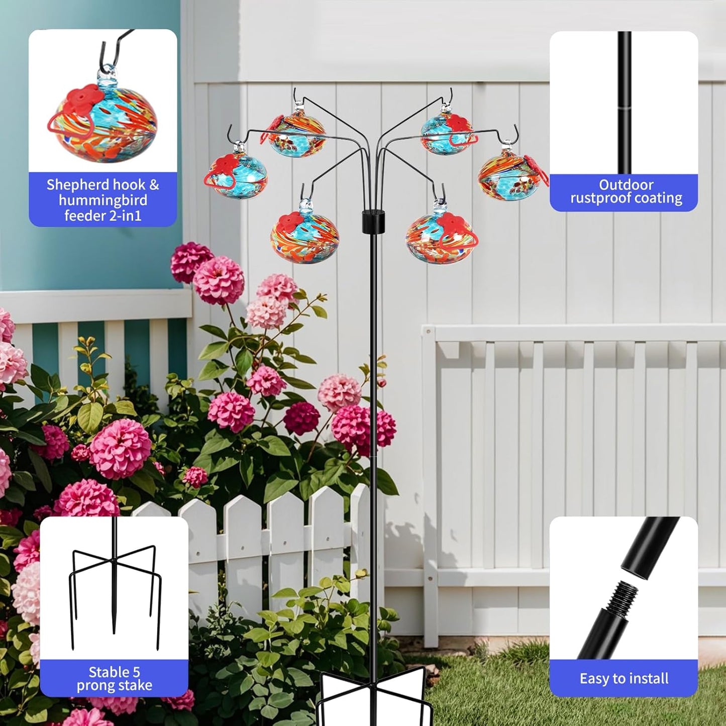 Decorative Hummingbird Feeders for Outdoors Hand-Blown Glass Hummingbird Feeders Stand 6 Feeding Stations Never Leak Garden Decor Backyard,Gifts for Women Mom (Phoenix Tail Blue)